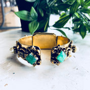 Vintage Bracelet, Gold Toned Bracelet, Beaded Bracelet, Vintage Jewelry, Hinged Bracelet, Statement Jewelry, Picture Bracelet, Purple, Green