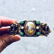 Vintage Bracelet, Gold Toned Bracelet, Beaded Bracelet, Vintage Jewelry, Hinged Bracelet, Statement Jewelry, Picture Bracelet, Purple, Green