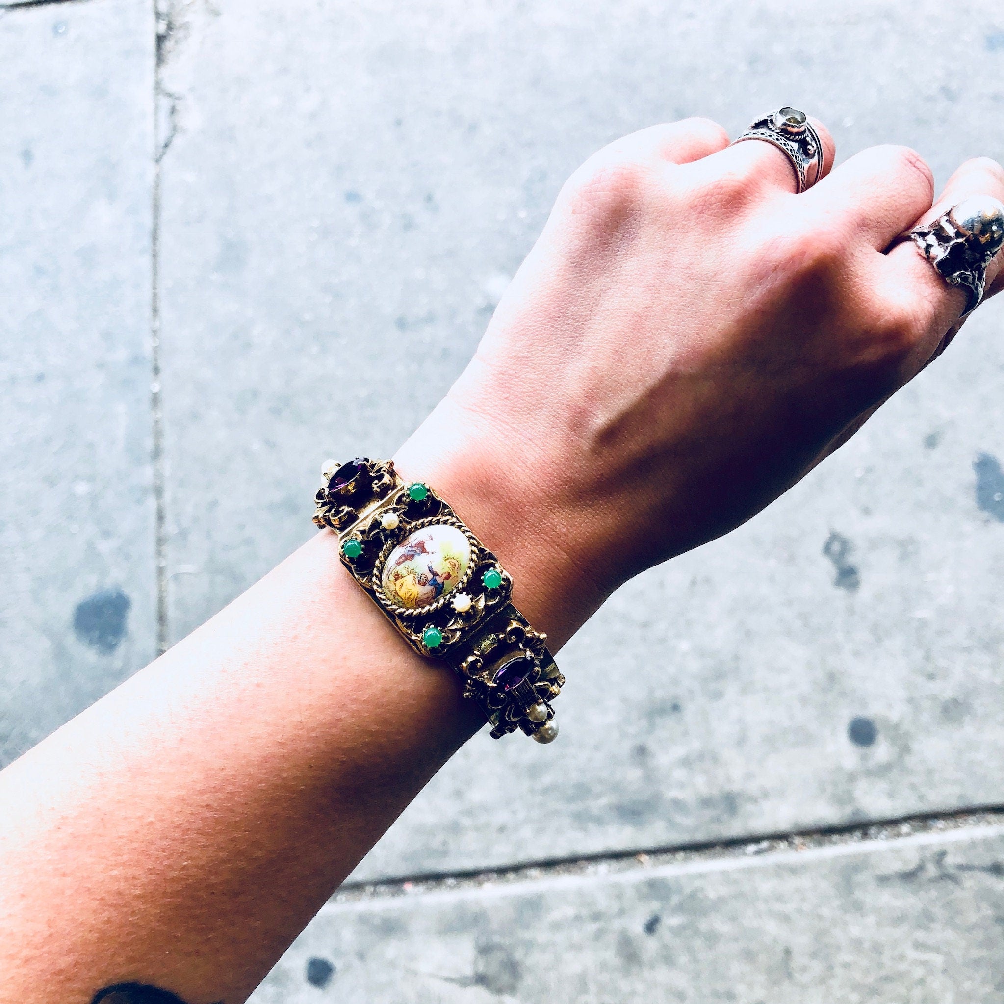 Vintage Bracelet, Gold Toned Bracelet, Beaded Bracelet, Vintage Jewelry, Hinged Bracelet, Statement Jewelry, Picture Bracelet, Purple, Green