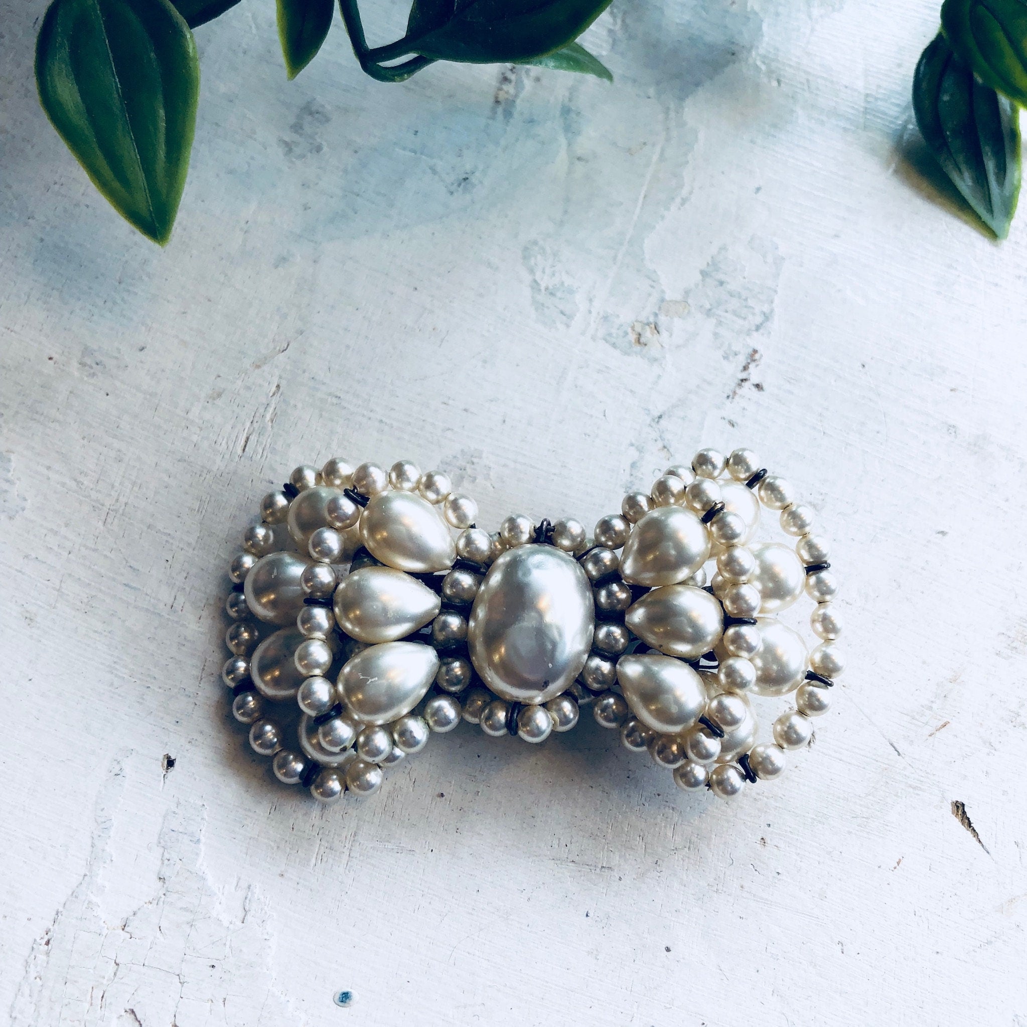 Vintage Brooch, Sterling Silver, Pearl Brooch, Bow Brooch, Bowtie, Vintage Jewelry, Faux Pearls, Made in France, Beaded Jewelry, Bow, Pin