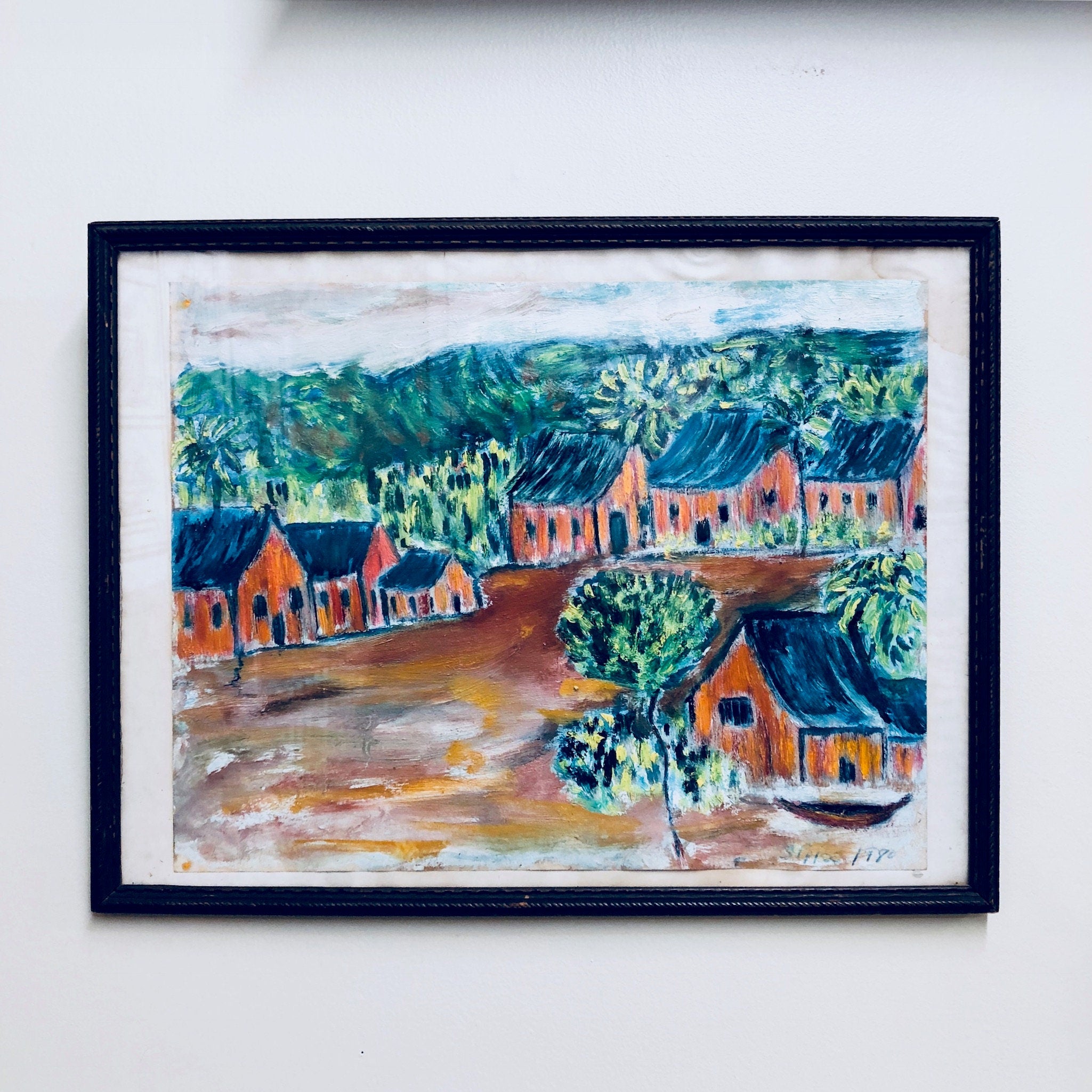 Vintage Painting, Vintage Artwork, Framed Artwork, Colorful Painting, Signed Art, Landscape Art, Houses, Trees, Village, Red, Orange, Green