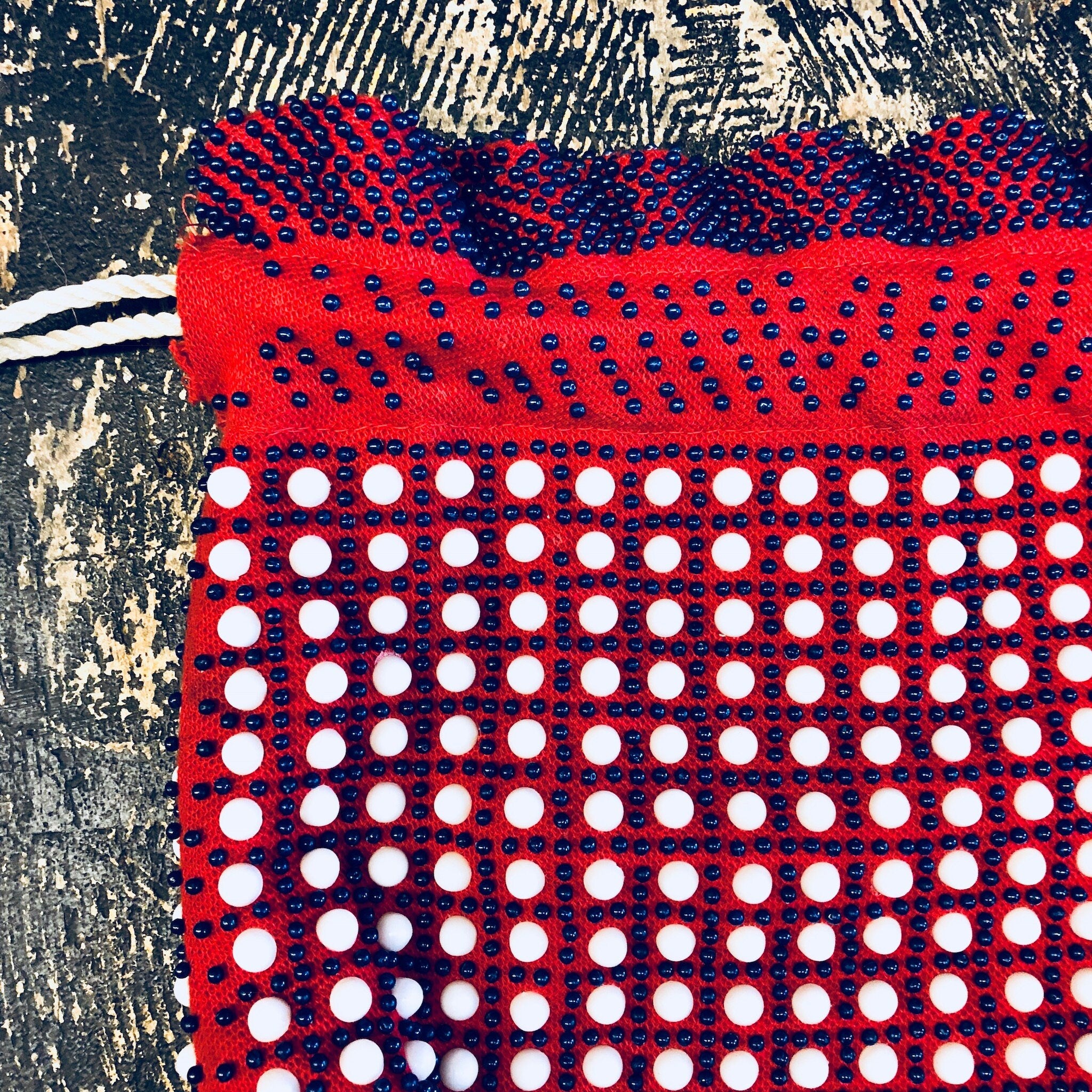 Vintage Bag, Purse, Pouch, Drawstring Purse, Handbag, Beaded Bag, Fringe Purse, Makeup Bag, Red, White, Blue, Beads, Rope, Made in Hong Kong
