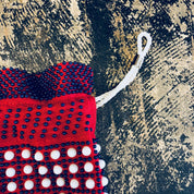 Vintage Bag, Purse, Pouch, Drawstring Purse, Handbag, Beaded Bag, Fringe Purse, Makeup Bag, Red, White, Blue, Beads, Rope, Made in Hong Kong