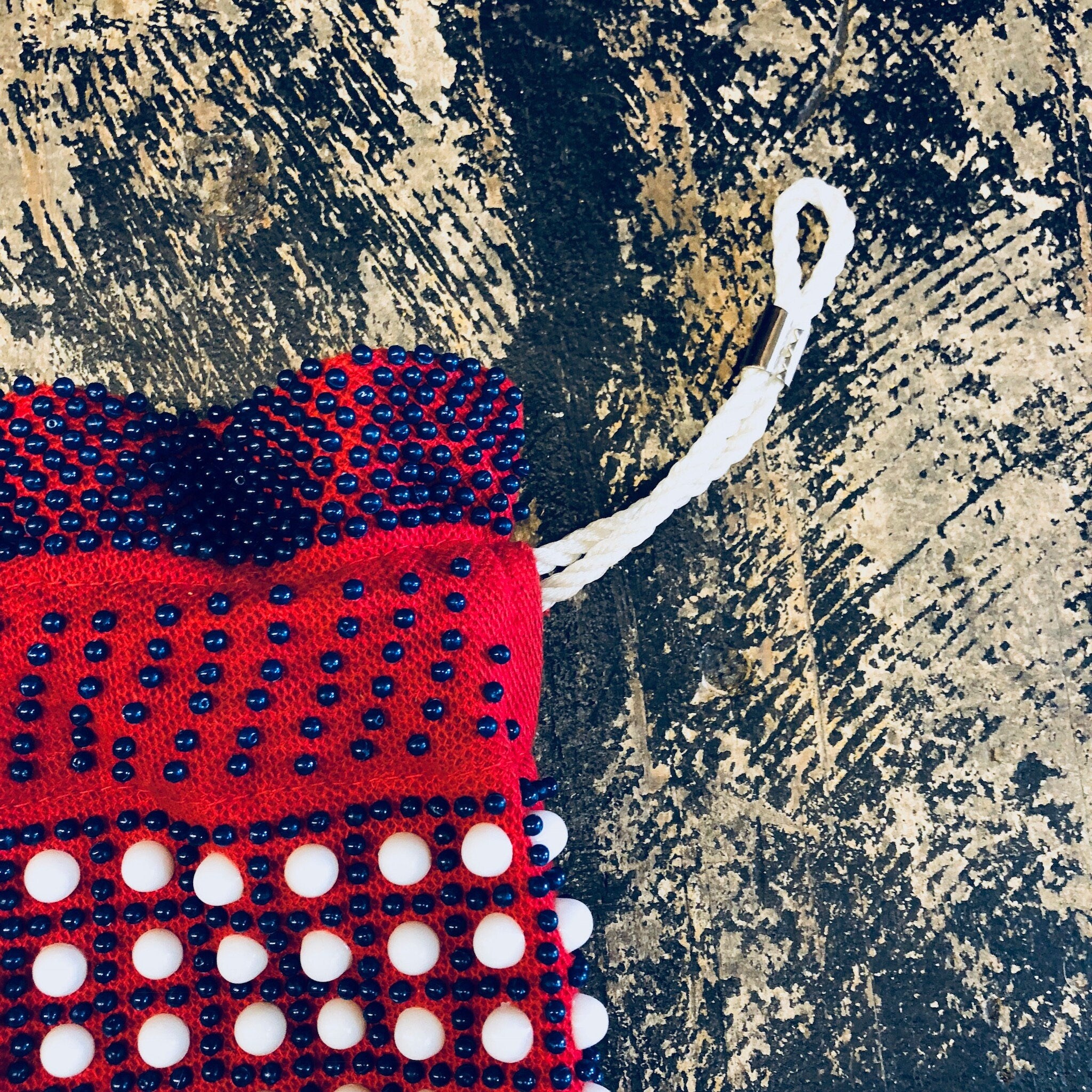 Vintage Bag, Purse, Pouch, Drawstring Purse, Handbag, Beaded Bag, Fringe Purse, Makeup Bag, Red, White, Blue, Beads, Rope, Made in Hong Kong