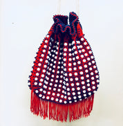 Vintage Bag, Purse, Pouch, Drawstring Purse, Handbag, Beaded Bag, Fringe Purse, Makeup Bag, Red, White, Blue, Beads, Rope, Made in Hong Kong