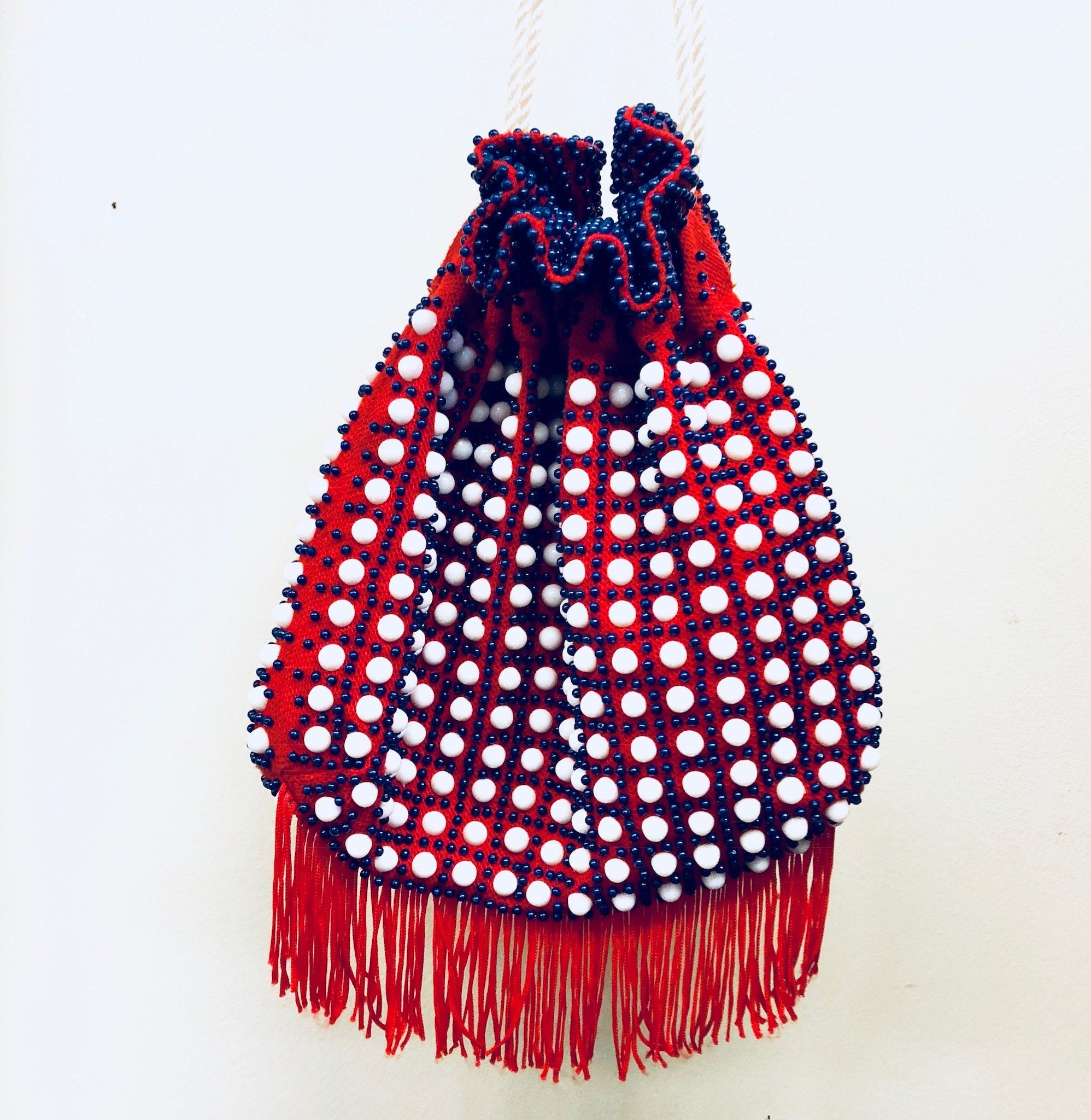 Vintage Bag, Purse, Pouch, Drawstring Purse, Handbag, Beaded Bag, Fringe Purse, Makeup Bag, Red, White, Blue, Beads, Rope, Made in Hong Kong