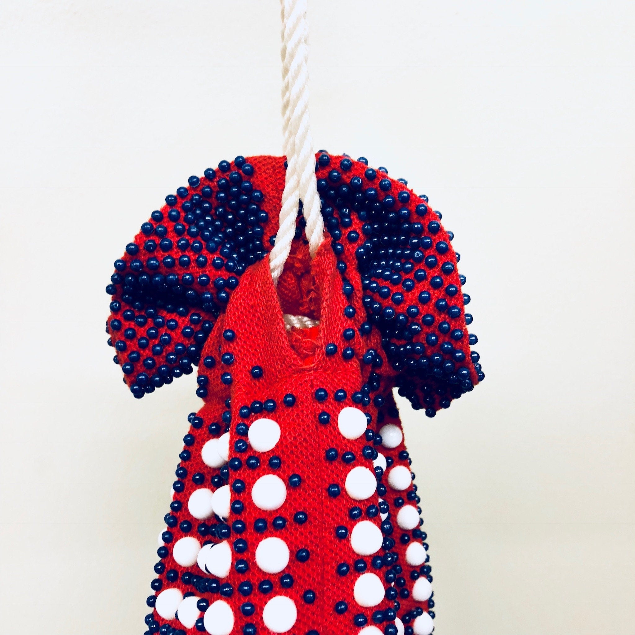 Vintage Bag, Purse, Pouch, Drawstring Purse, Handbag, Beaded Bag, Fringe Purse, Makeup Bag, Red, White, Blue, Beads, Rope, Made in Hong Kong
