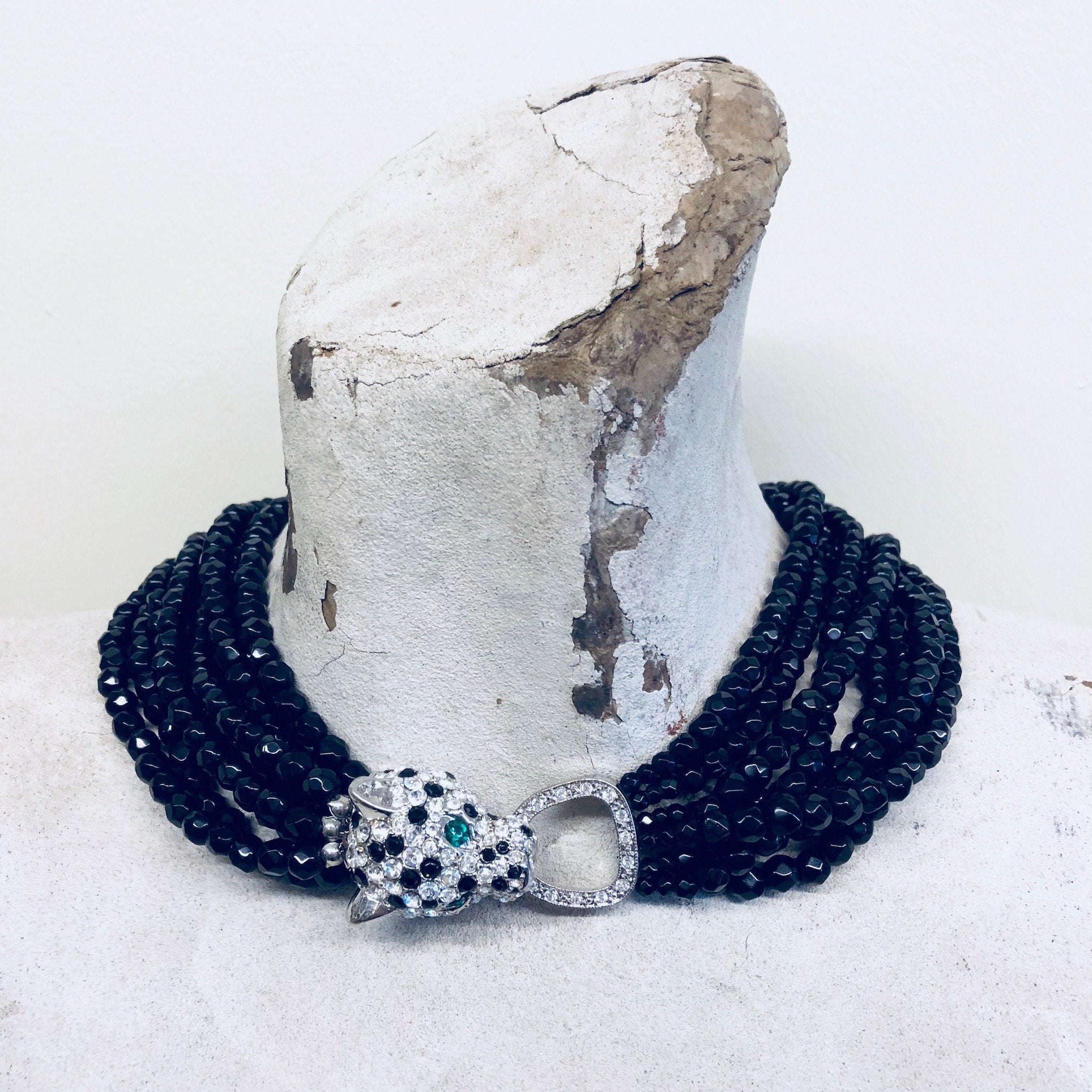 Kenneth Jay Lane, KJL Choker, KJL For Avon, Panther Necklace, Rhinestones, Multistranded Necklace, Beaded Necklace, Torsade Necklace, Black