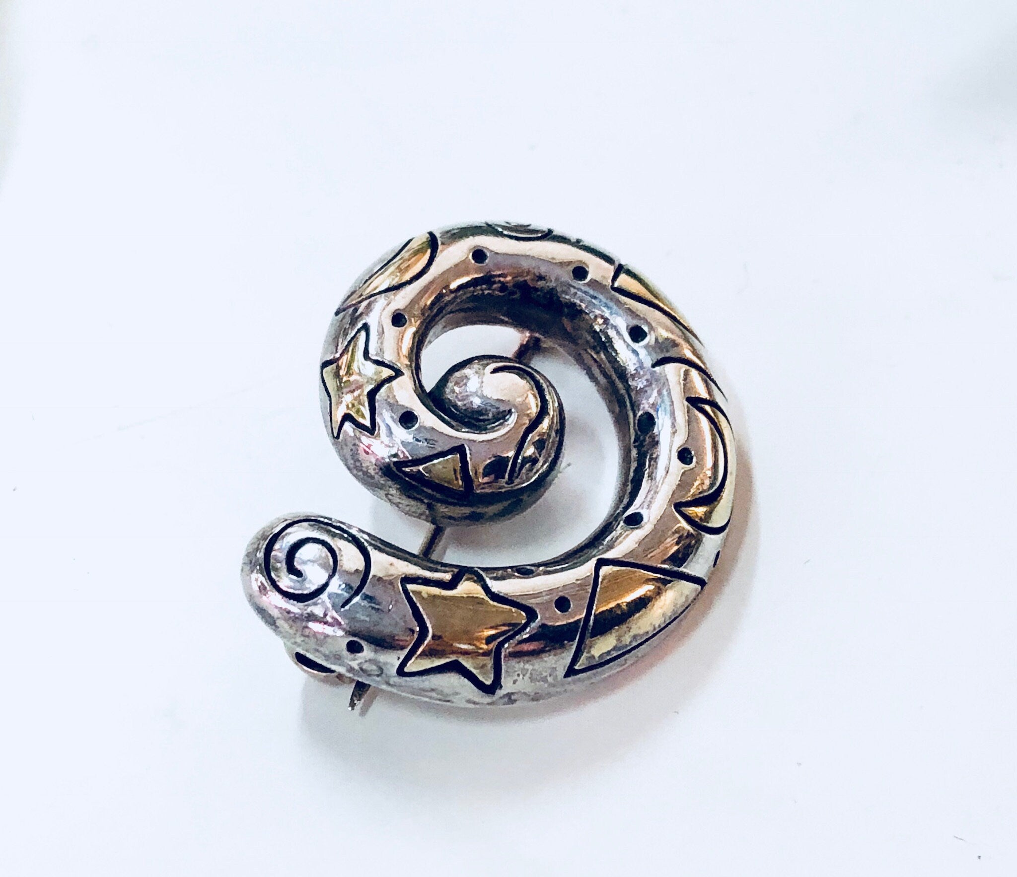 Vintage SilverBrooch, Sterling Silver, Vintage Jewelry, Stars, Moon, Swirl Design, 925, Vintage Pin, Anniversary Gift, Small Brooch, Gold