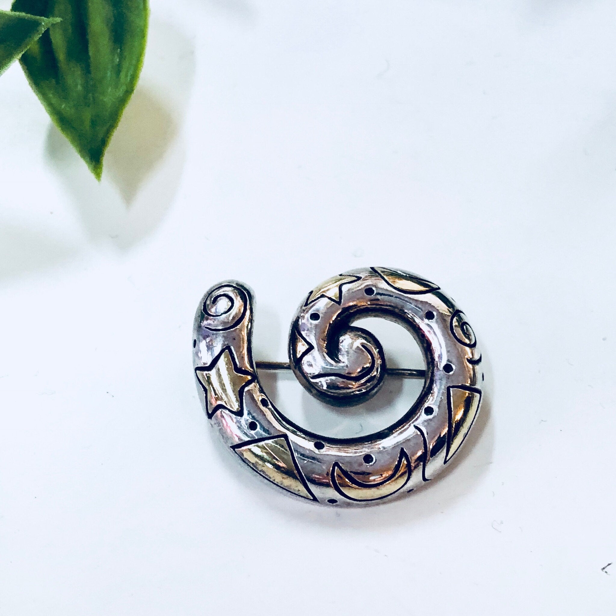 Vintage SilverBrooch, Sterling Silver, Vintage Jewelry, Stars, Moon, Swirl Design, 925, Vintage Pin, Anniversary Gift, Small Brooch, Gold