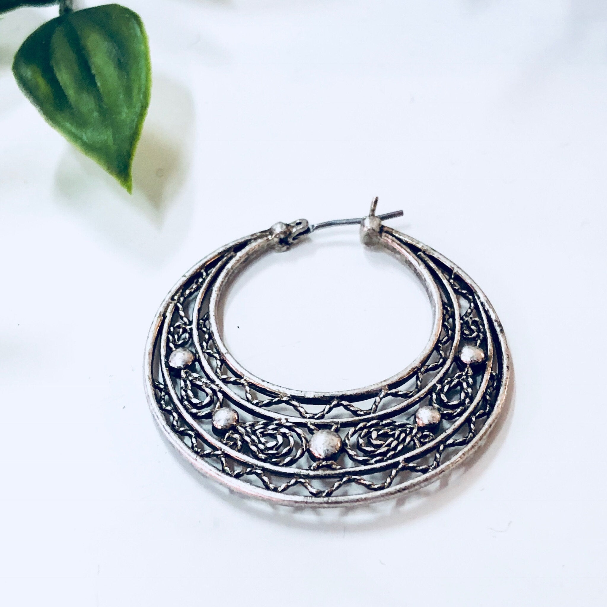 Vintage Earrings, Hoop Earrings, Pierced Ears, Costume Jewelry, Filagree, Silver Toned Jewelry, Statement Jewelry, Funky Earrings, Hoops