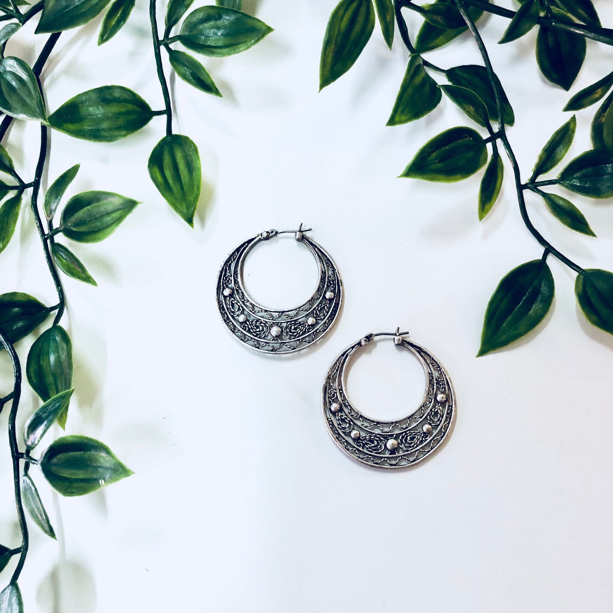 Vintage Earrings, Hoop Earrings, Pierced Ears, Costume Jewelry, Filagree, Silver Toned Jewelry, Statement Jewelry, Funky Earrings, Hoops
