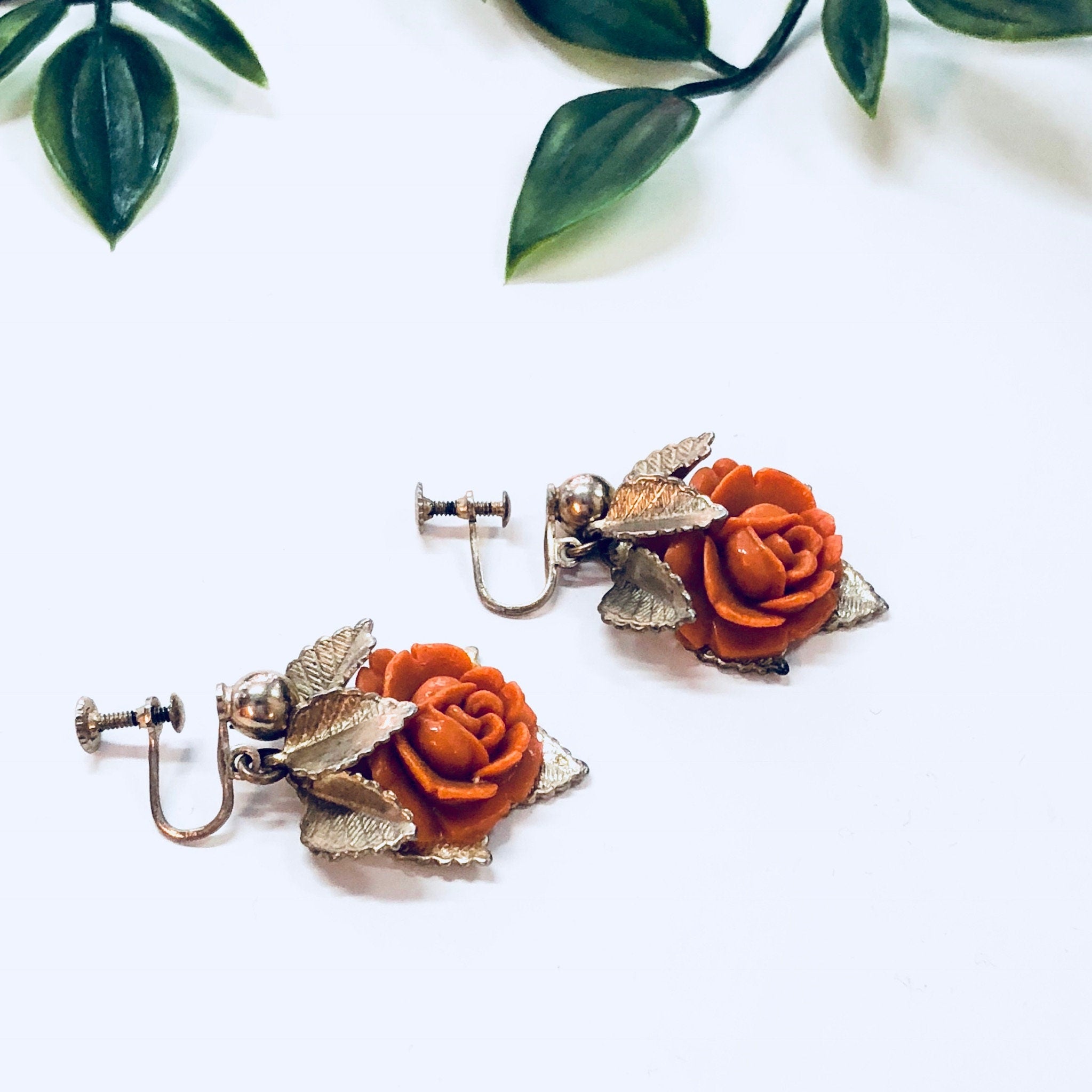Vintage Earrings, Rose Earrings, Screw Back Earrings, Gold Toned Jewelry, Floral Earrings, Flowers, Pretty, Anniversary Gift, Orange, Gold