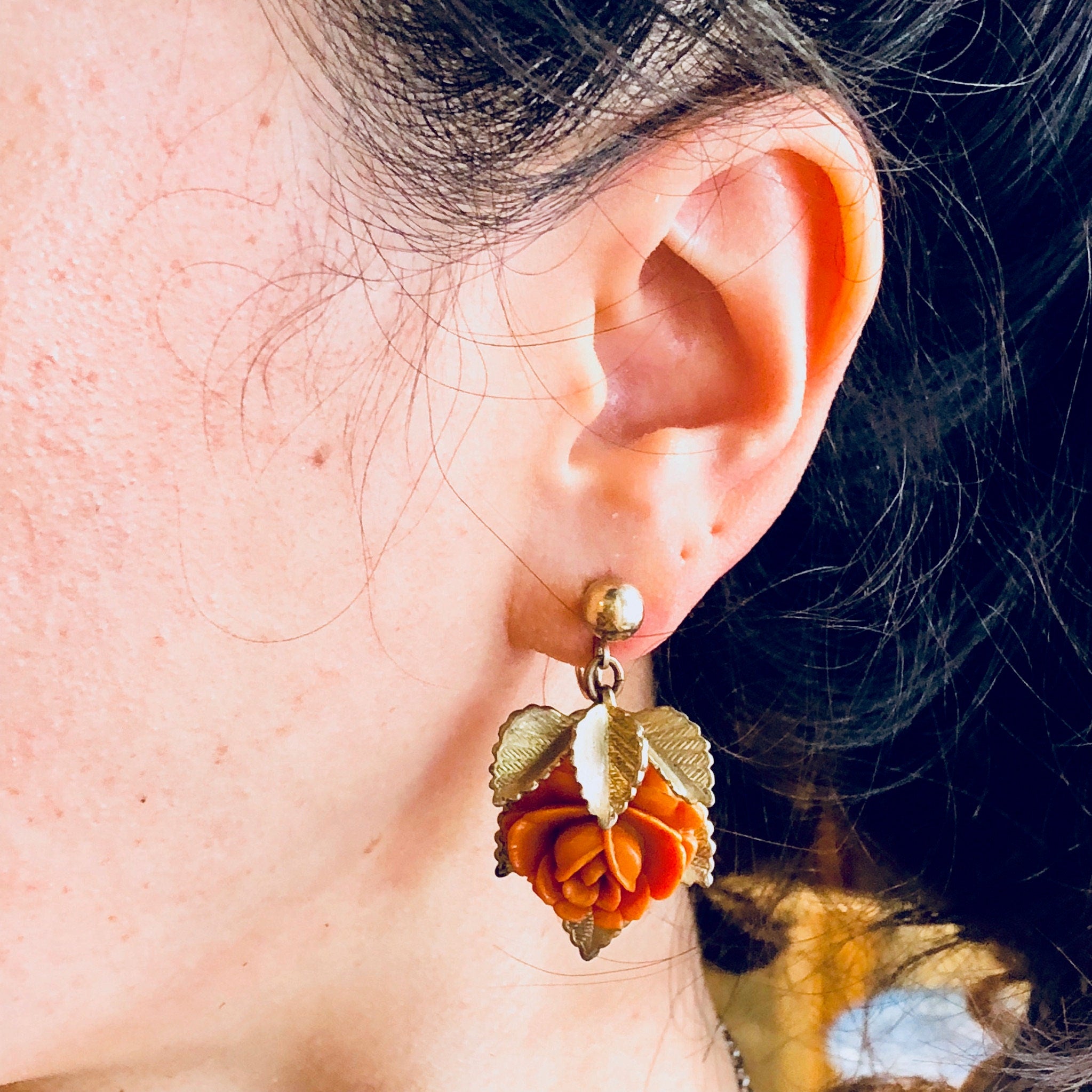 Vintage Earrings, Rose Earrings, Screw Back Earrings, Gold Toned Jewelry, Floral Earrings, Flowers, Pretty, Anniversary Gift, Orange, Gold