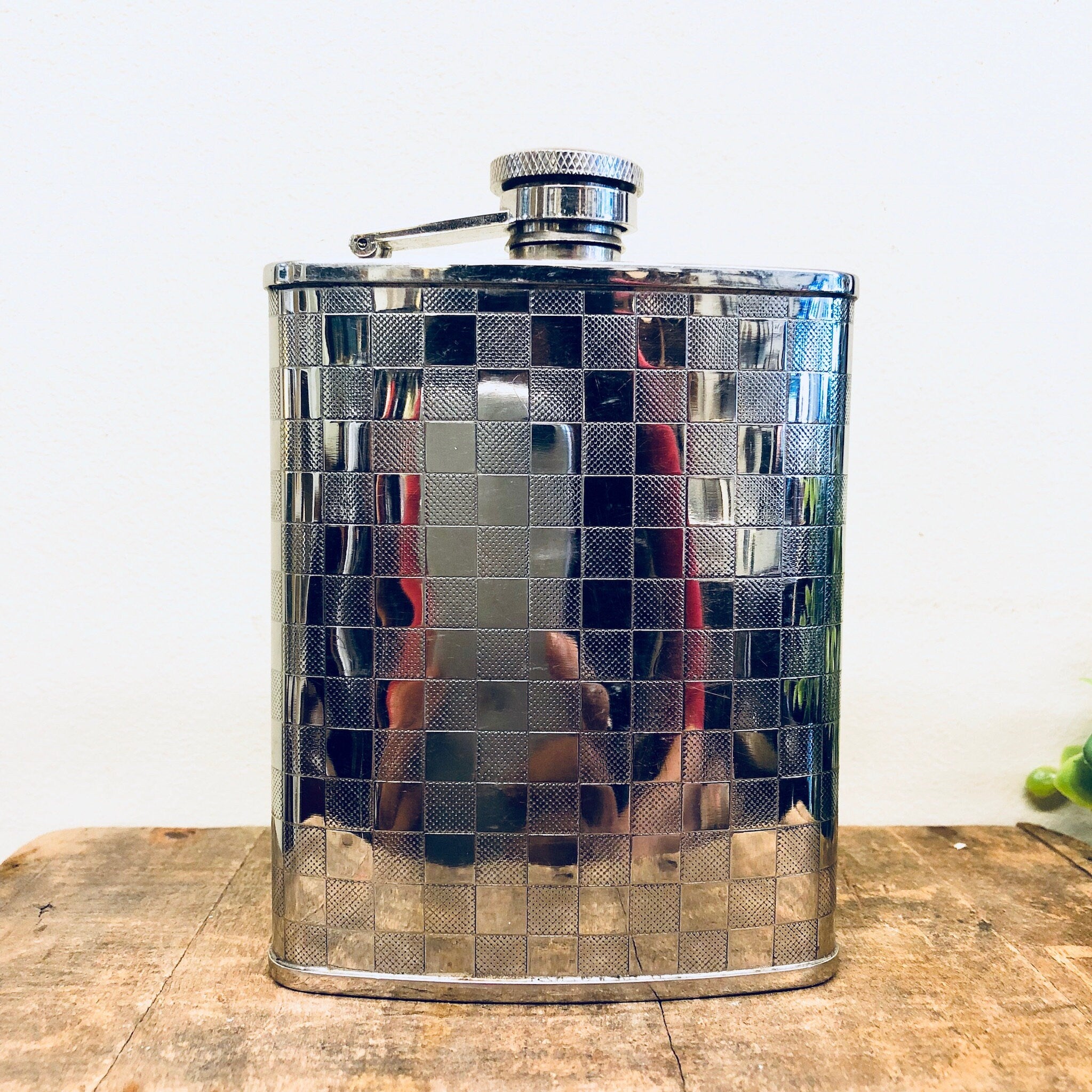 Vintage Flask, Stainless Steel, Vintage Barware, Flask, Booze, Whisky, Spirits, 6 Ounce Flask, Checkered Pattern, Retro, Whiskey Flask