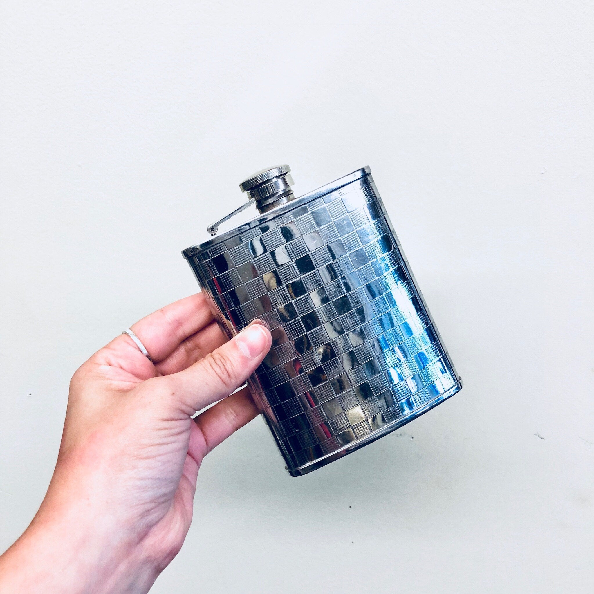 Vintage Flask, Stainless Steel, Vintage Barware, Flask, Booze, Whisky, Spirits, 6 Ounce Flask, Checkered Pattern, Retro, Whiskey Flask