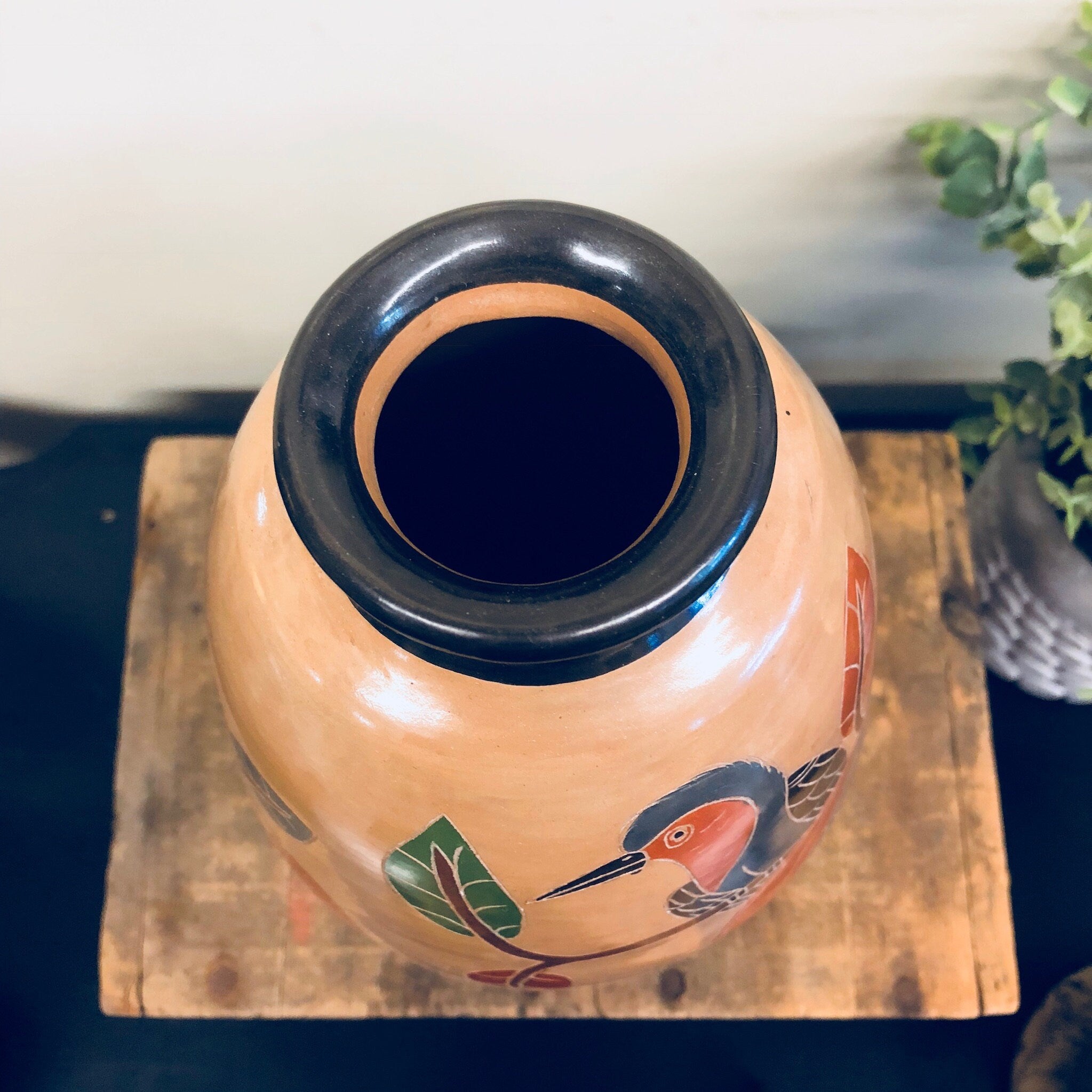 Vintage Pottery, Vintage Vase, Vintage Home Decor, Birds, Leaves, Branches, Hand Painted, Centerpiece, Handmade Vase, Rustic Decor,Lovebirds