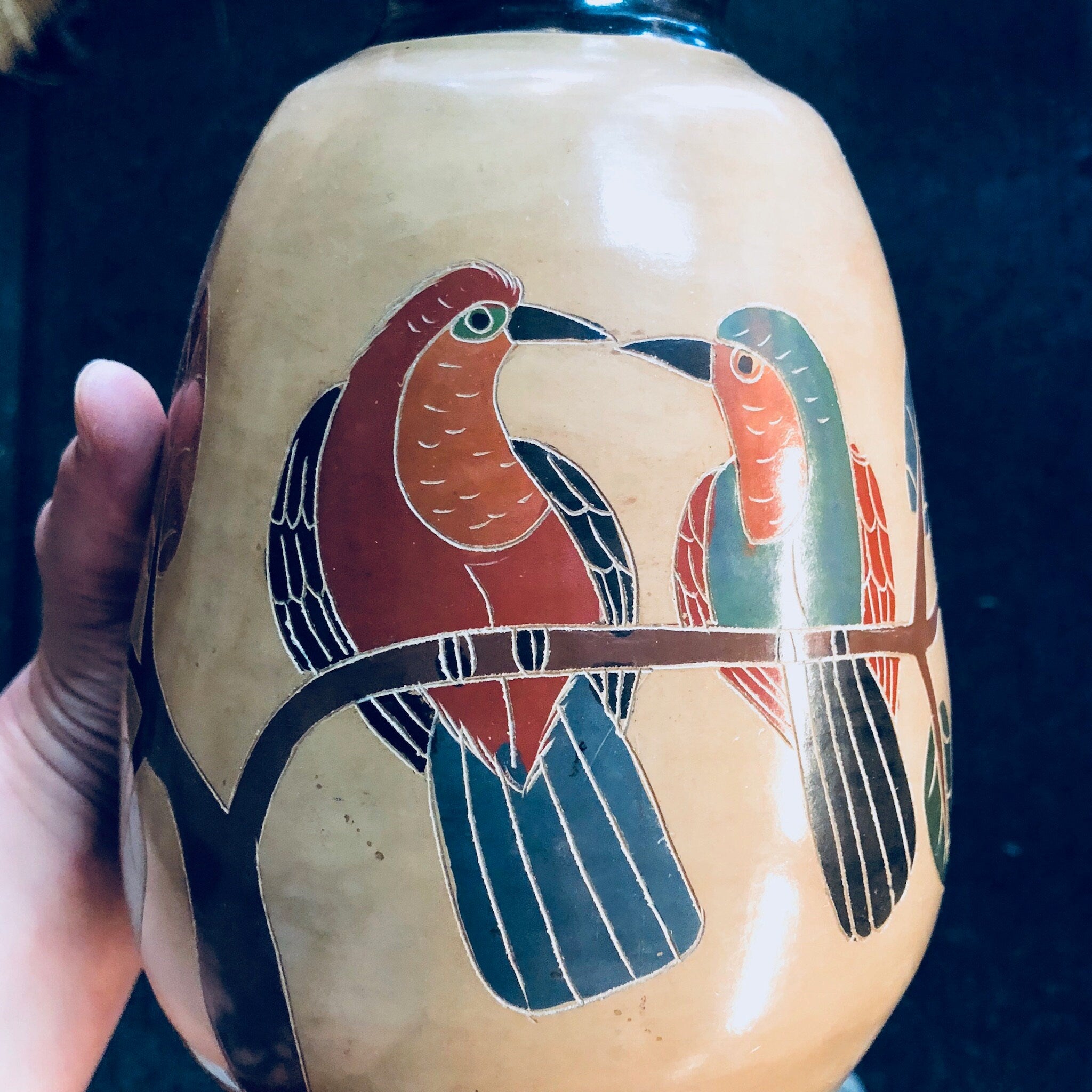 Vintage Pottery, Vintage Vase, Vintage Home Decor, Birds, Leaves, Branches, Hand Painted, Centerpiece, Handmade Vase, Rustic Decor,Lovebirds