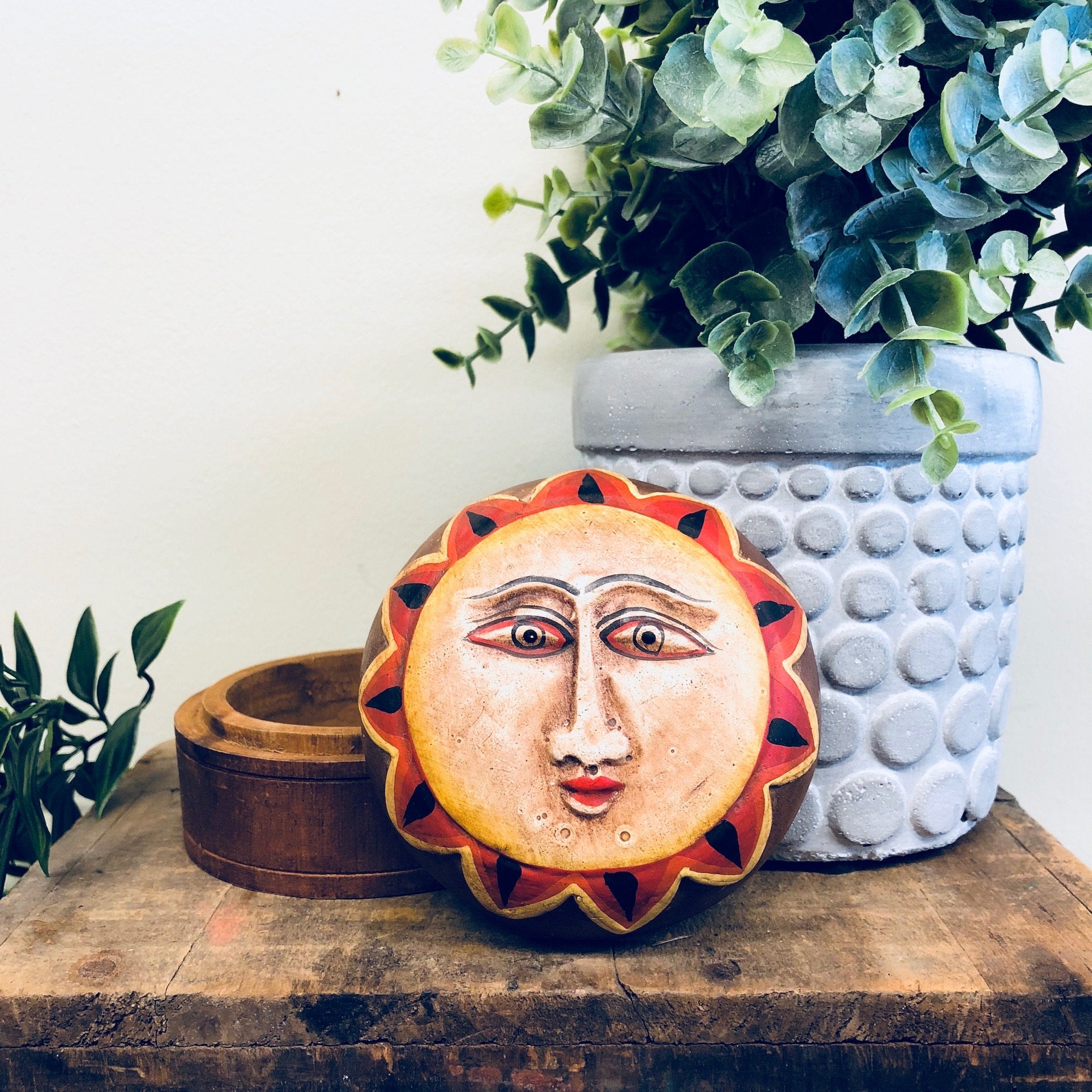 Wooden Box, Sun Box, Wood Carved Box, Lidded Container, Jewelry Box, Sun Decor, Vintage Home Decor, Sun Face, Red, Orange, Yellow, Carving
