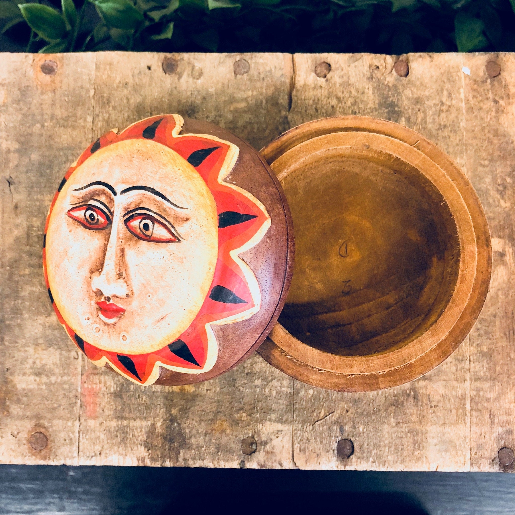 Wooden Box, Sun Box, Wood Carved Box, Lidded Container, Jewelry Box, Sun Decor, Vintage Home Decor, Sun Face, Red, Orange, Yellow, Carving