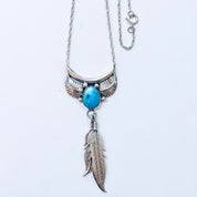 Vintage Silver Necklace, Sterling Silver, Silver Pendant, Turquoise Pendant, Feather Jewelry, Vintage Jewelry, 925, Silver Chain, Leaves