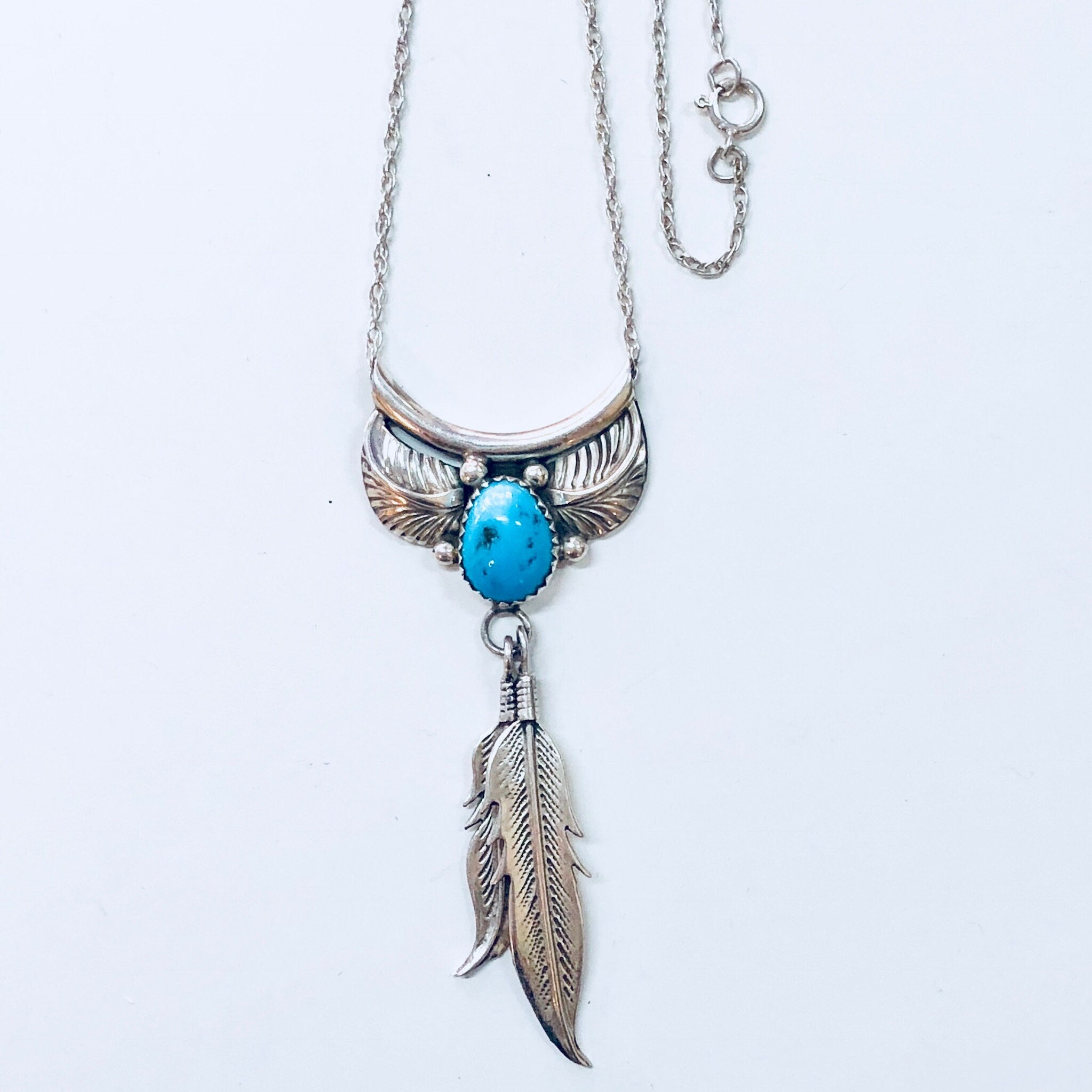 Vintage Silver Necklace, Sterling Silver, Silver Pendant, Turquoise Pendant, Feather Jewelry, Vintage Jewelry, 925, Silver Chain, Leaves