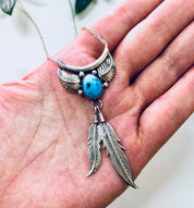 Vintage Silver Necklace, Sterling Silver, Silver Pendant, Turquoise Pendant, Feather Jewelry, Vintage Jewelry, 925, Silver Chain, Leaves