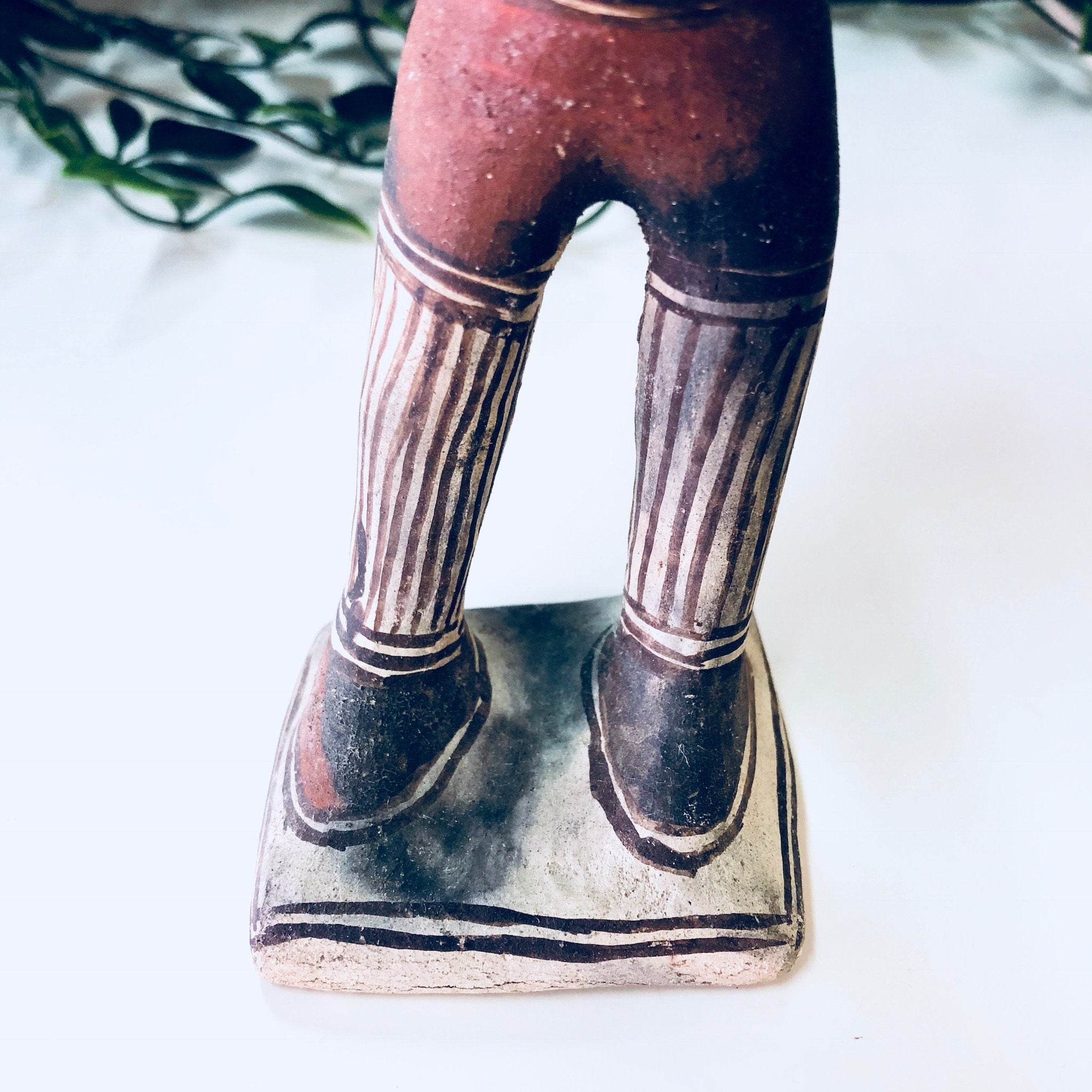 Vintage Figurine, Art, Vintage Home Decor, Painted Figurine, Ceramic, Clay Figurine, Rustic, Mantlepiece, Instrument, Sombrero, Trumpet