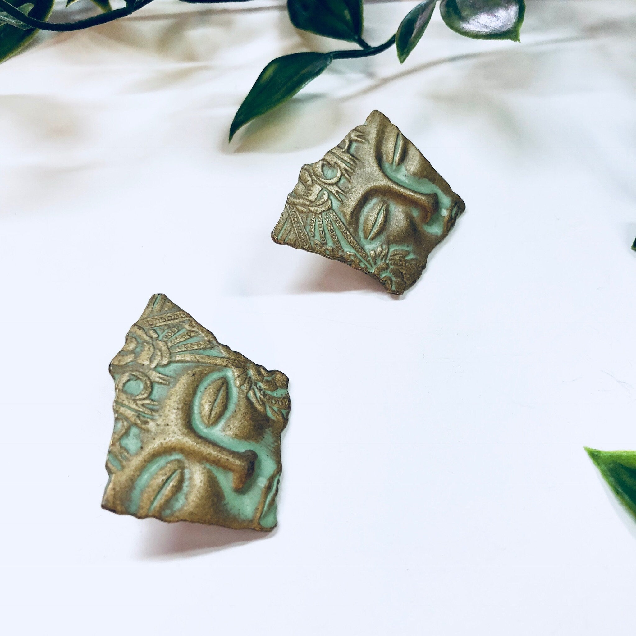 Vintage Earrings, Face Earrings, Art Deco, Costume Jewelry, Vintage Jewelry, Statement Jewelry, Fairy, Green, Gold, Patina, Pierced Ears