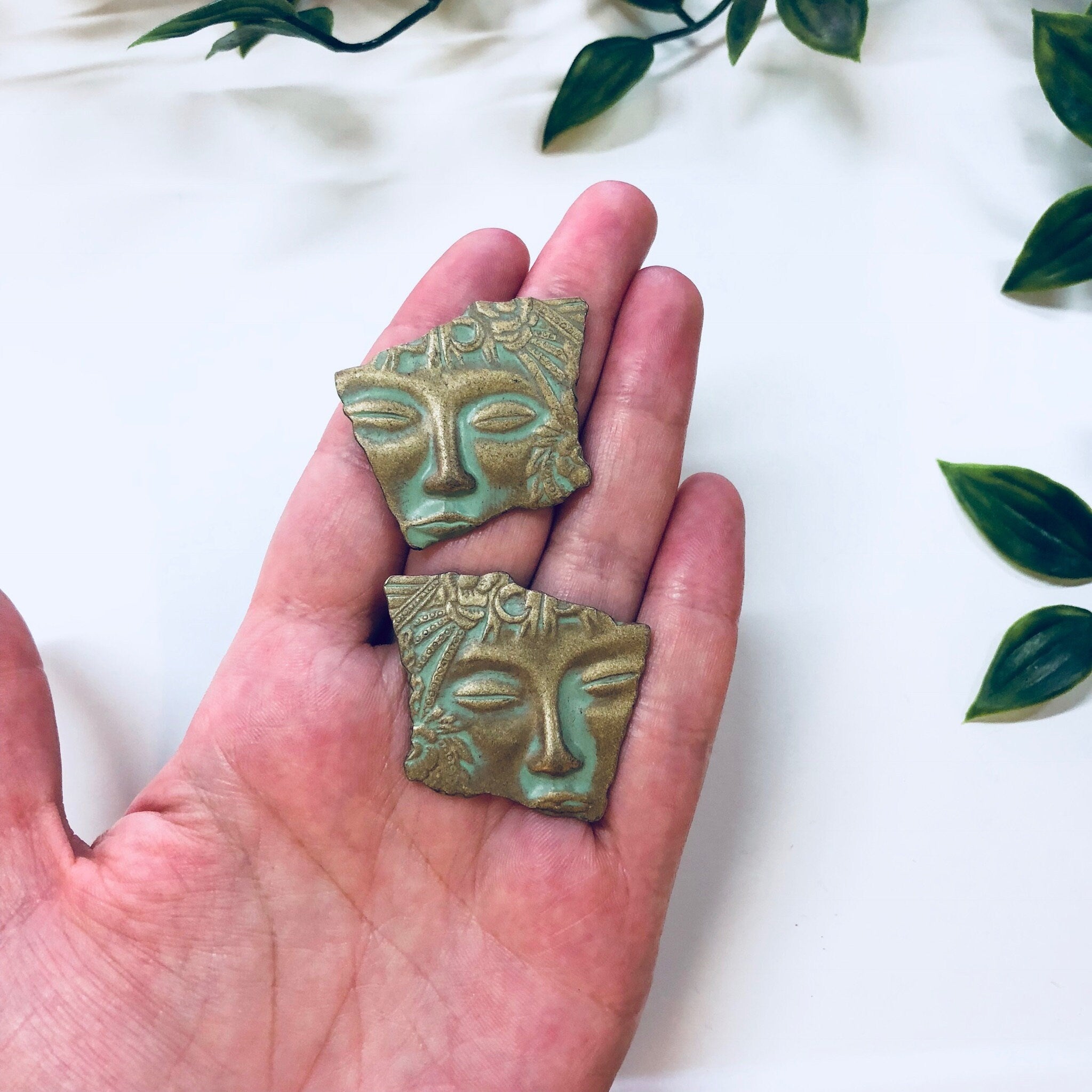 Vintage Earrings, Face Earrings, Art Deco, Costume Jewelry, Vintage Jewelry, Statement Jewelry, Fairy, Green, Gold, Patina, Pierced Ears
