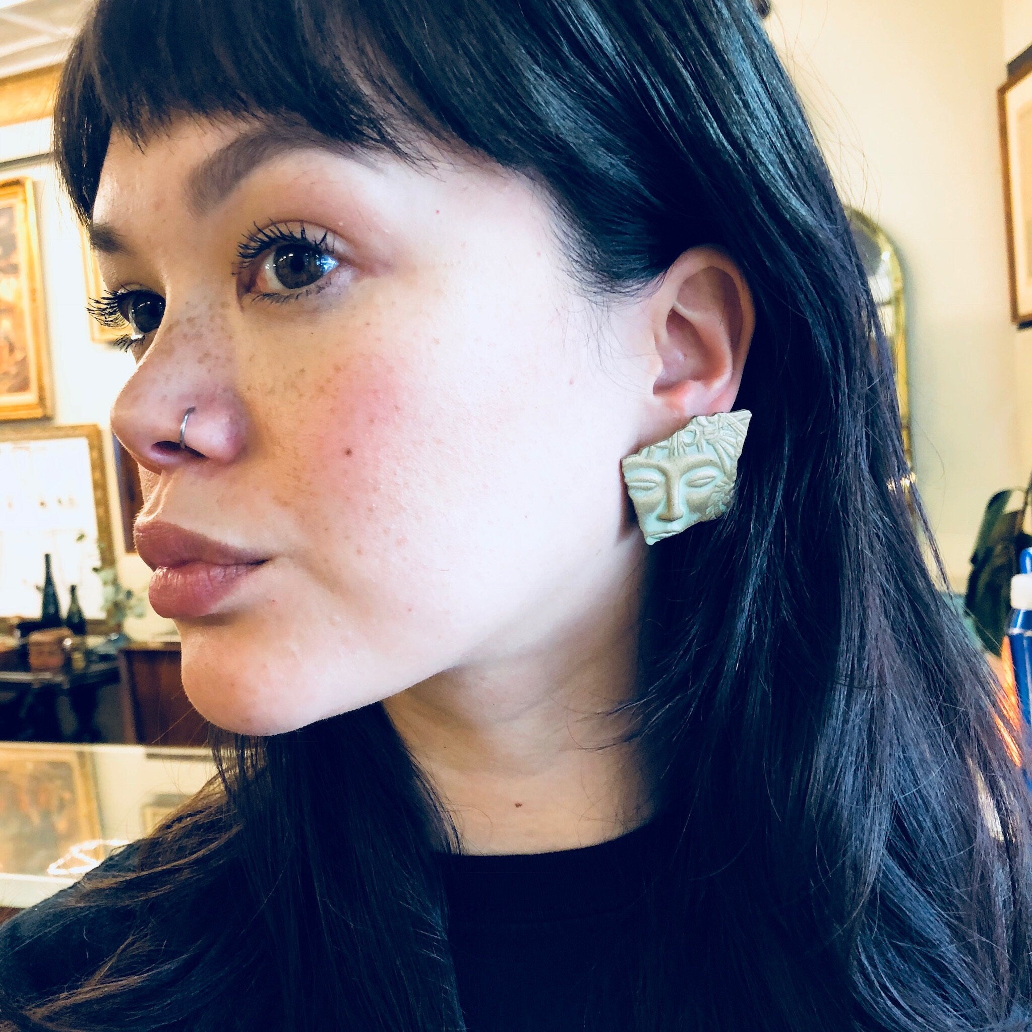 Vintage Earrings, Face Earrings, Art Deco, Costume Jewelry, Vintage Jewelry, Statement Jewelry, Fairy, Green, Gold, Patina, Pierced Ears