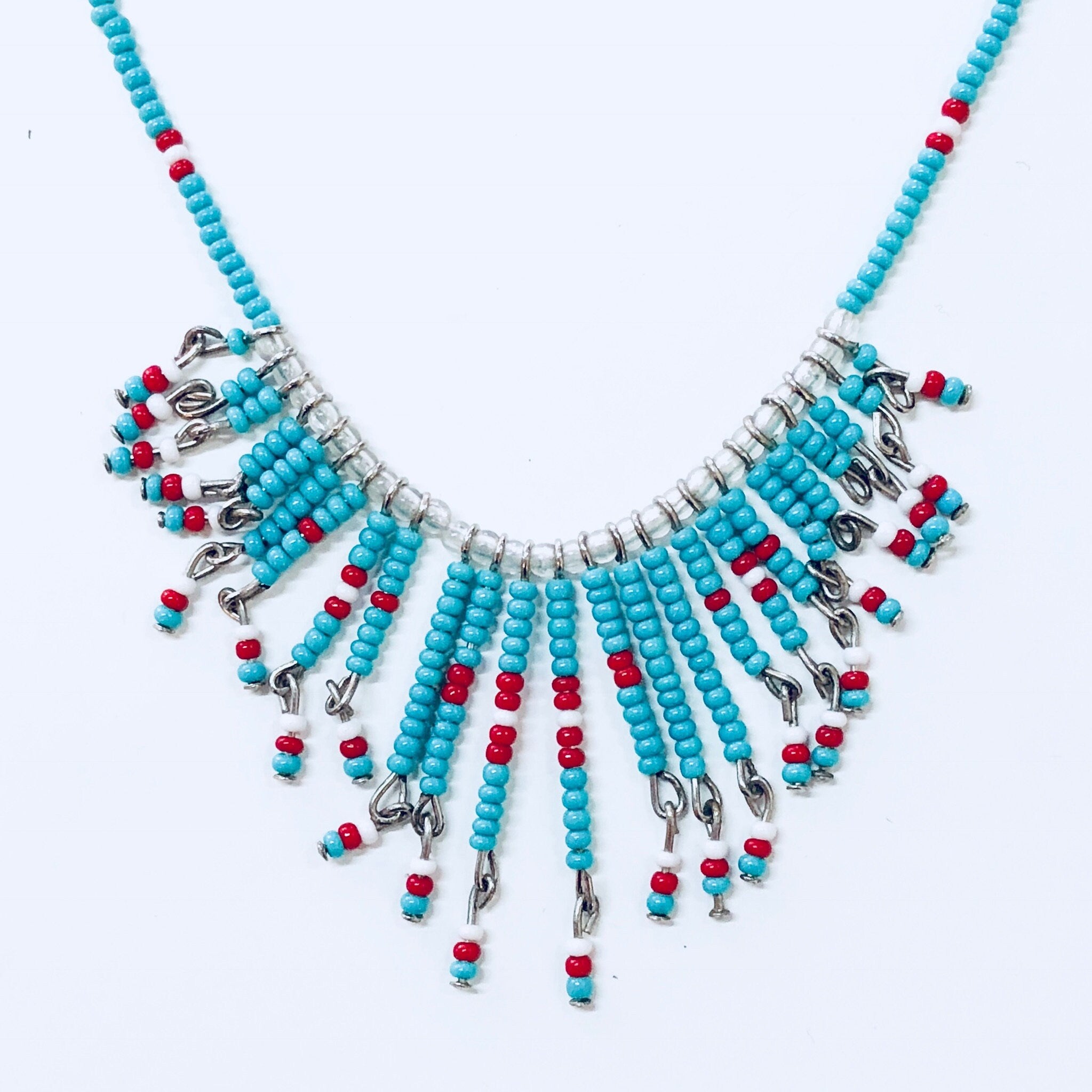 Vintage Necklace, Beaded Necklace, Beaded Jewelry, Vintage Jewelry, Blue, Red, White, Small Beads, Statement Jewelry, Beads,Anniversary Gift