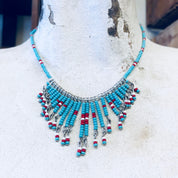 Vintage Necklace, Beaded Necklace, Beaded Jewelry, Vintage Jewelry, Blue, Red, White, Small Beads, Statement Jewelry, Beads,Anniversary Gift