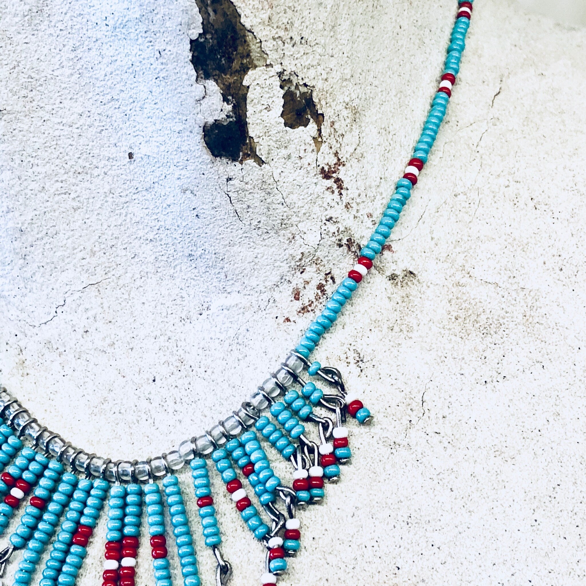 Vintage Necklace, Beaded Necklace, Beaded Jewelry, Vintage Jewelry, Blue, Red, White, Small Beads, Statement Jewelry, Beads,Anniversary Gift