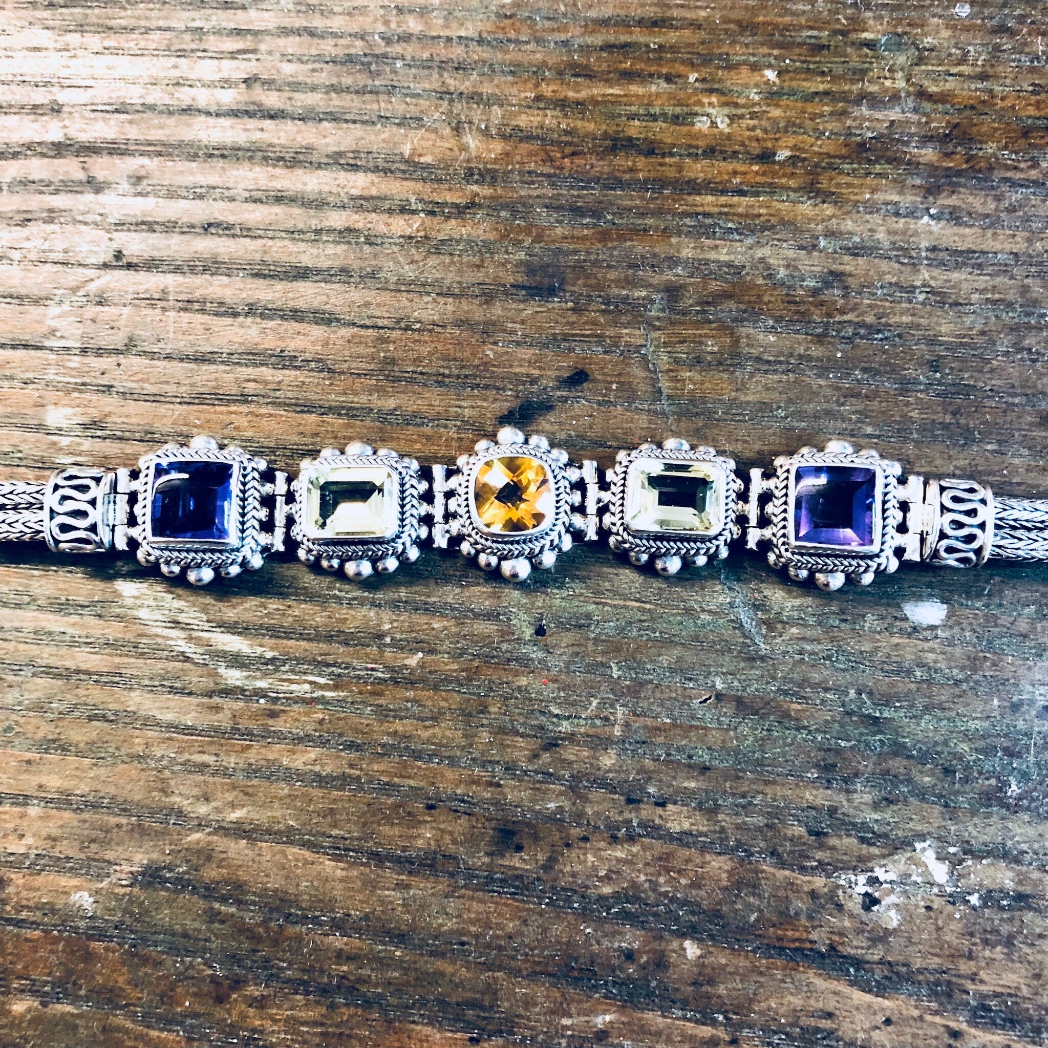 Suarti BA Bracelet, Sterling Silver, Gemstone Bracelet, Vintage Jewelry, Amethyst, Peridot, Citrine, Purple, Green, Yellow, Link Bracelet,