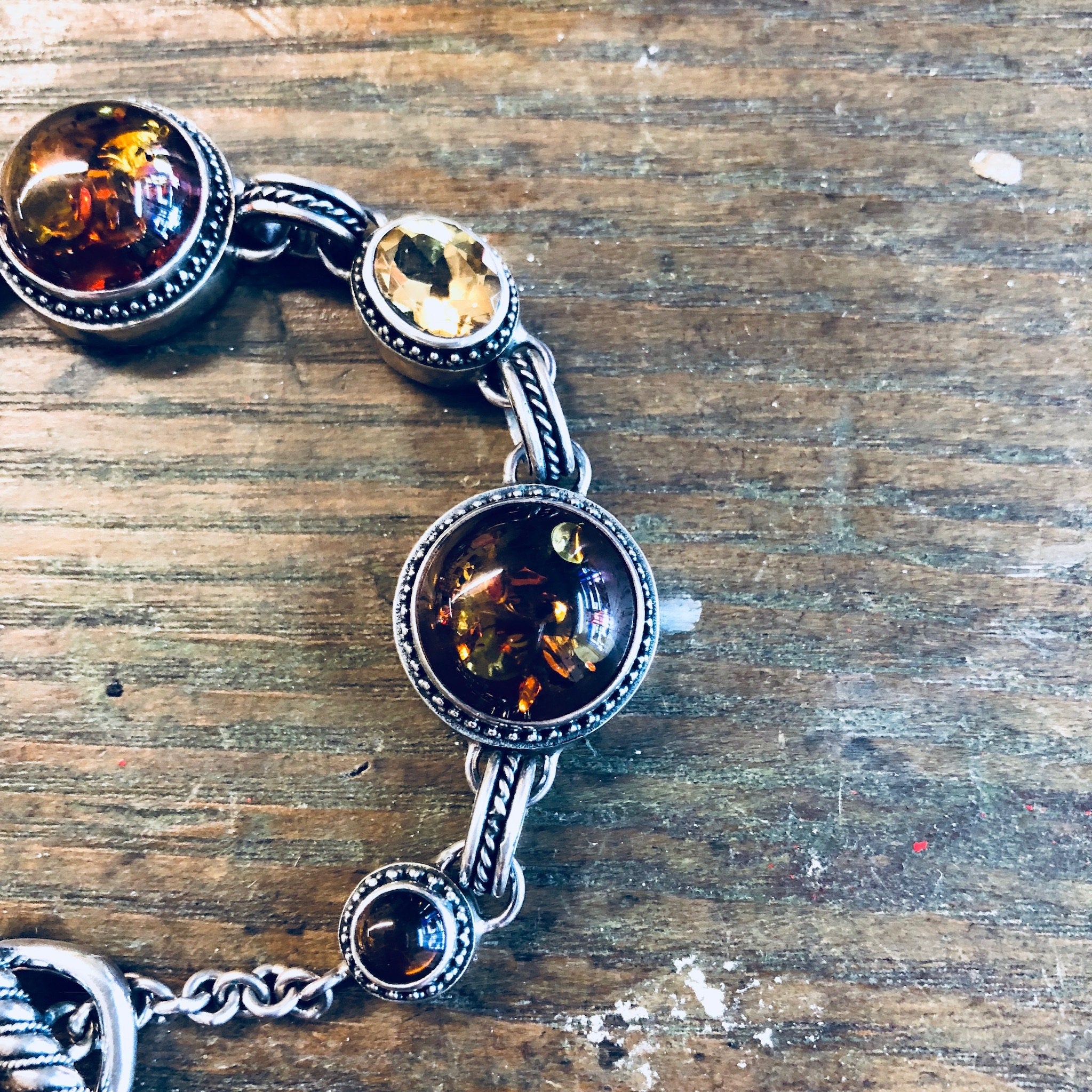 Lori Bonn Bracelet, Amber Bracelet, Link Bracelet, Vintage Jewelry, Sterling Silver, Citrine, Orange, Yellow, Designer Jewlery, Toggle Clasp