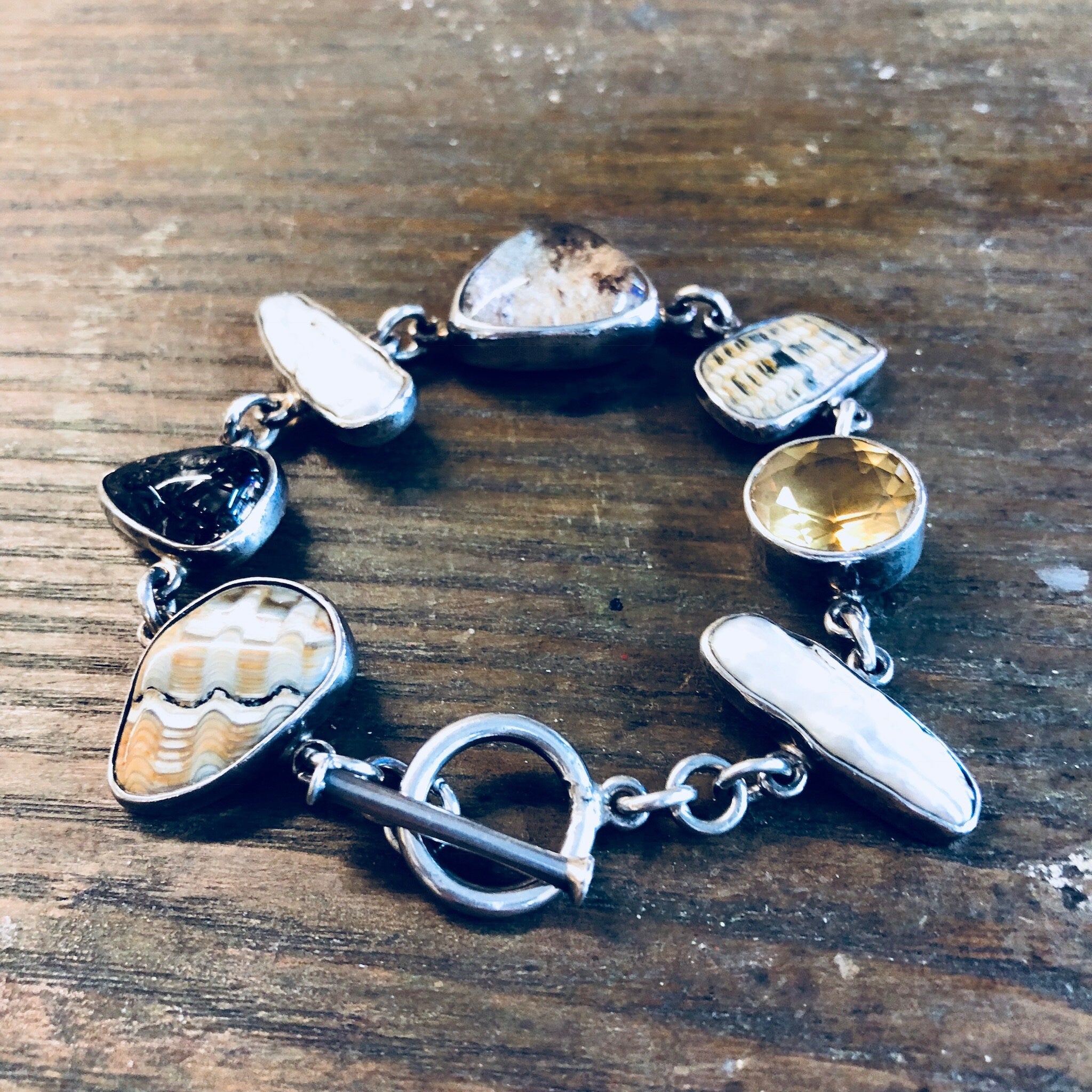 Echo of The Dreamer Bracelet, Sterling Silver, Toggle Bracelet, Vintage Jewelry, Pearl, Citrine, Natural Stones, Designer Jewelry, Rare