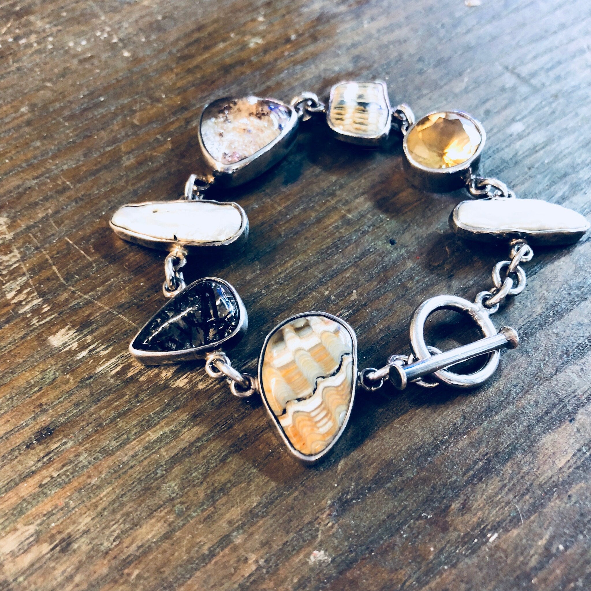 Echo of The Dreamer Bracelet, Sterling Silver, Toggle Bracelet, Vintage Jewelry, Pearl, Citrine, Natural Stones, Designer Jewelry, Rare