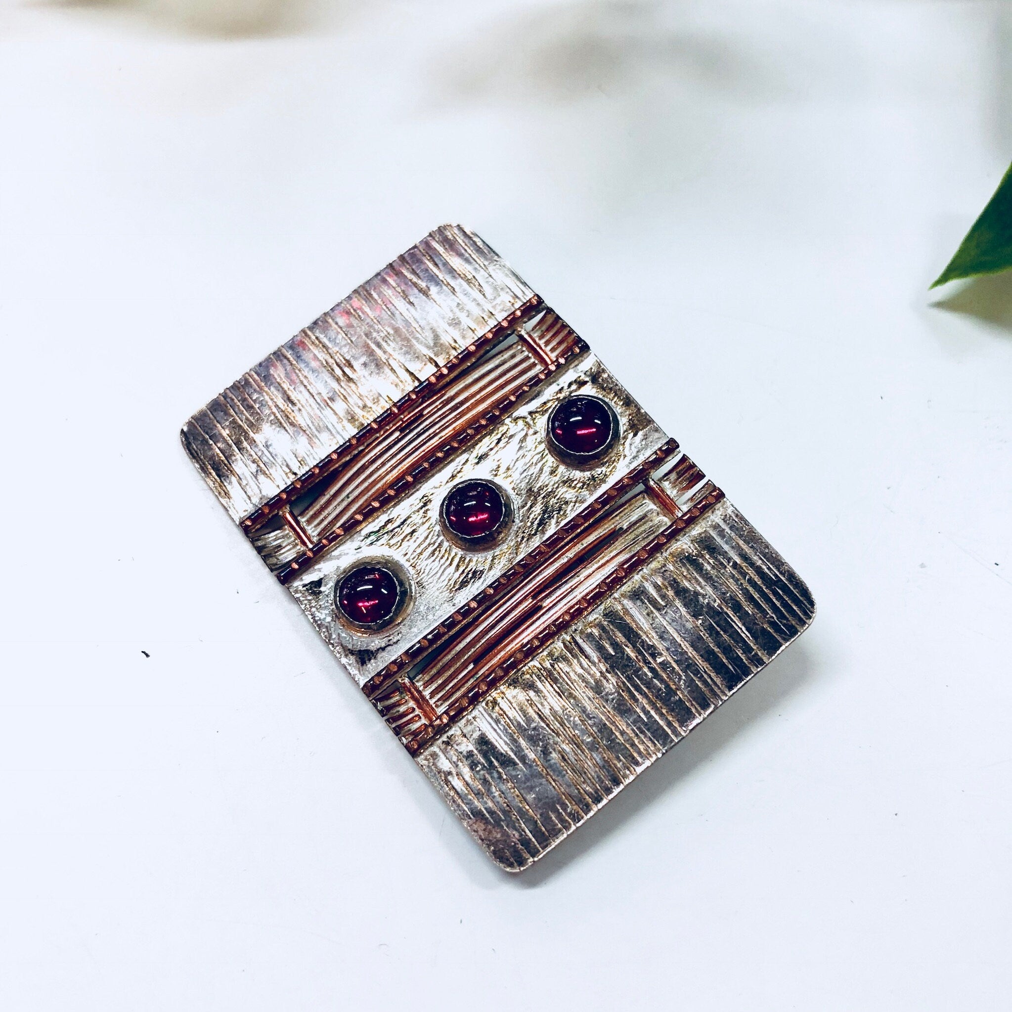 Vintage Brooch, Sterling Silver, Silver Brooch, Vintage Pin, Copper Brooch, Red Stones, Anniversary Gift, Vintage Jewelry, Red Jewelry