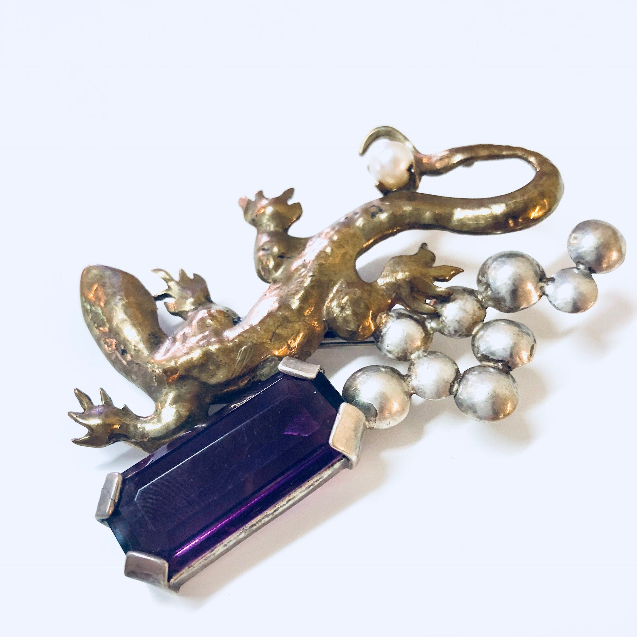 Vintage Brooch, Gold Toned Brooch, Costume Jewelry, Vintage Pin, Lizard Brooch, Purple Gemstone, Silvertone, Vintage Jewelry, VB, Statement