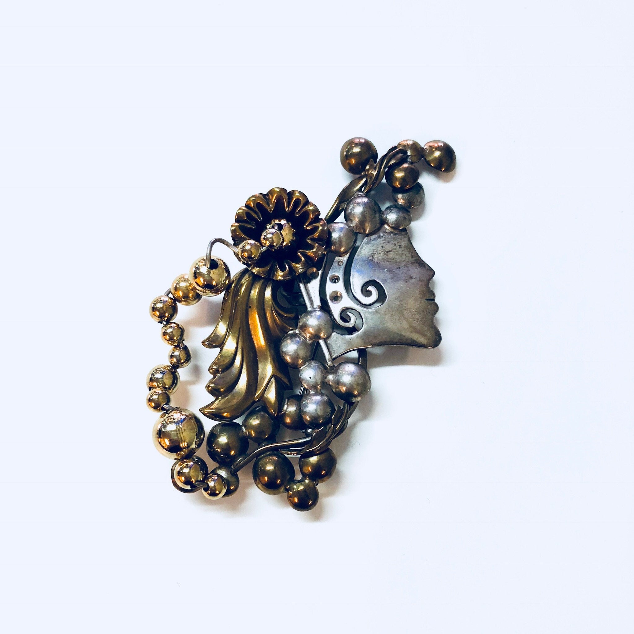 Vintage Brooch, Costume Jewelry, Vintage Pin, Modernist Jewelry, Gold Toned, Silver Toned, Lady's Face, Flower Brooch, Vintage Jewelry, Pin