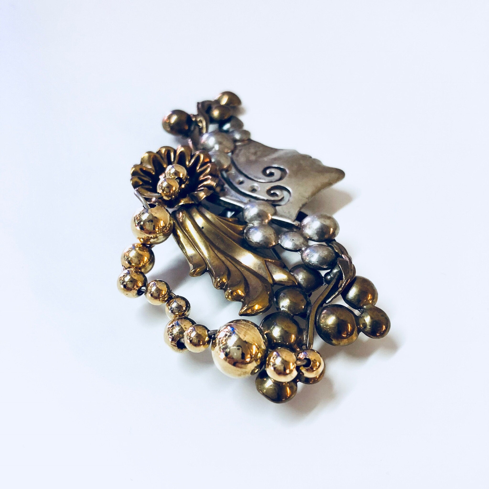 Vintage Brooch, Costume Jewelry, Vintage Pin, Modernist Jewelry, Gold Toned, Silver Toned, Lady's Face, Flower Brooch, Vintage Jewelry, Pin