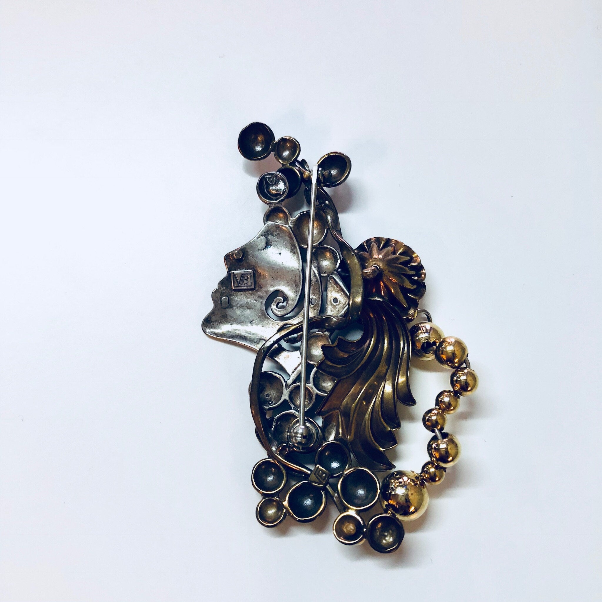 Vintage Brooch, Costume Jewelry, Vintage Pin, Modernist Jewelry, Gold Toned, Silver Toned, Lady's Face, Flower Brooch, Vintage Jewelry, Pin