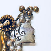 Vintage Brooch, Costume Jewelry, Vintage Pin, Modernist Jewelry, Gold Toned, Silver Toned, Lady's Face, Flower Brooch, Vintage Jewelry, Pin