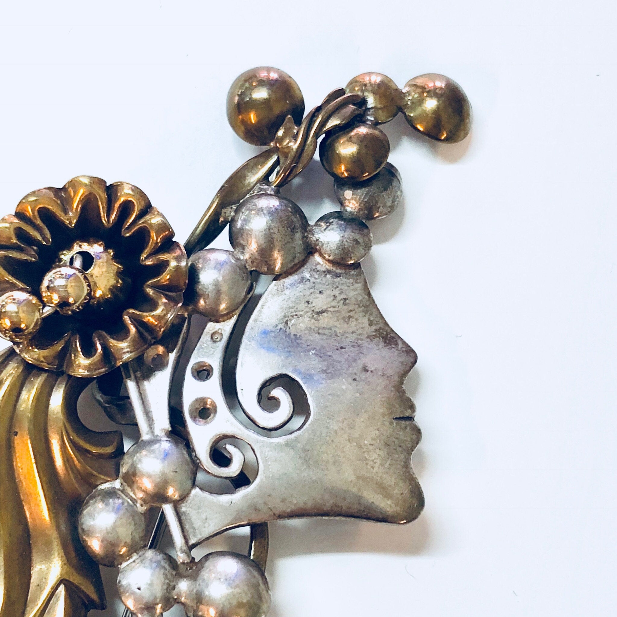 Vintage Brooch, Costume Jewelry, Vintage Pin, Modernist Jewelry, Gold Toned, Silver Toned, Lady's Face, Flower Brooch, Vintage Jewelry, Pin