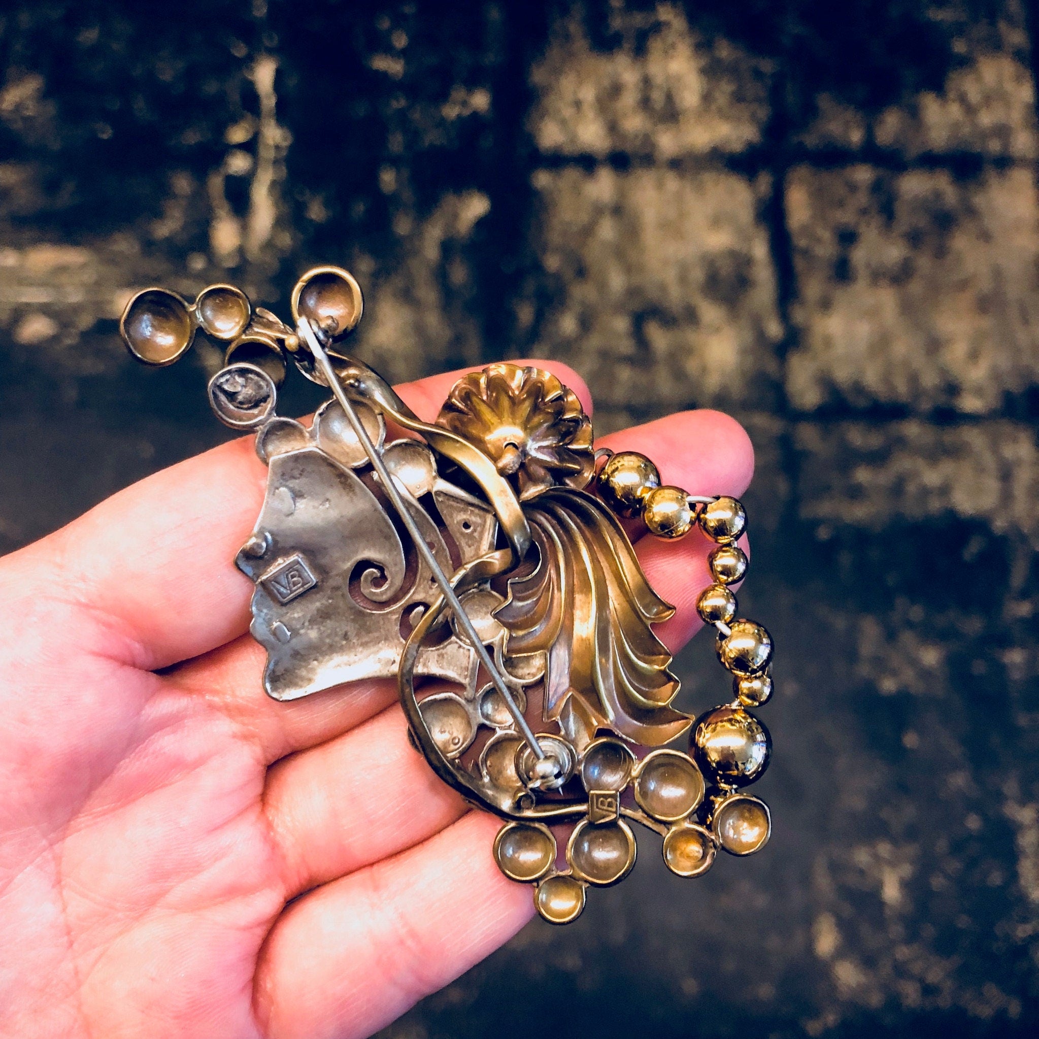 Vintage Brooch, Costume Jewelry, Vintage Pin, Modernist Jewelry, Gold Toned, Silver Toned, Lady's Face, Flower Brooch, Vintage Jewelry, Pin