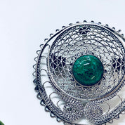 Vintage Silver Brooch, Sterling Silver, Vintage Jewelry, Pendant, Necklace, Pin, Green Stone, Natural Stone, Green and White, Filagree,Round