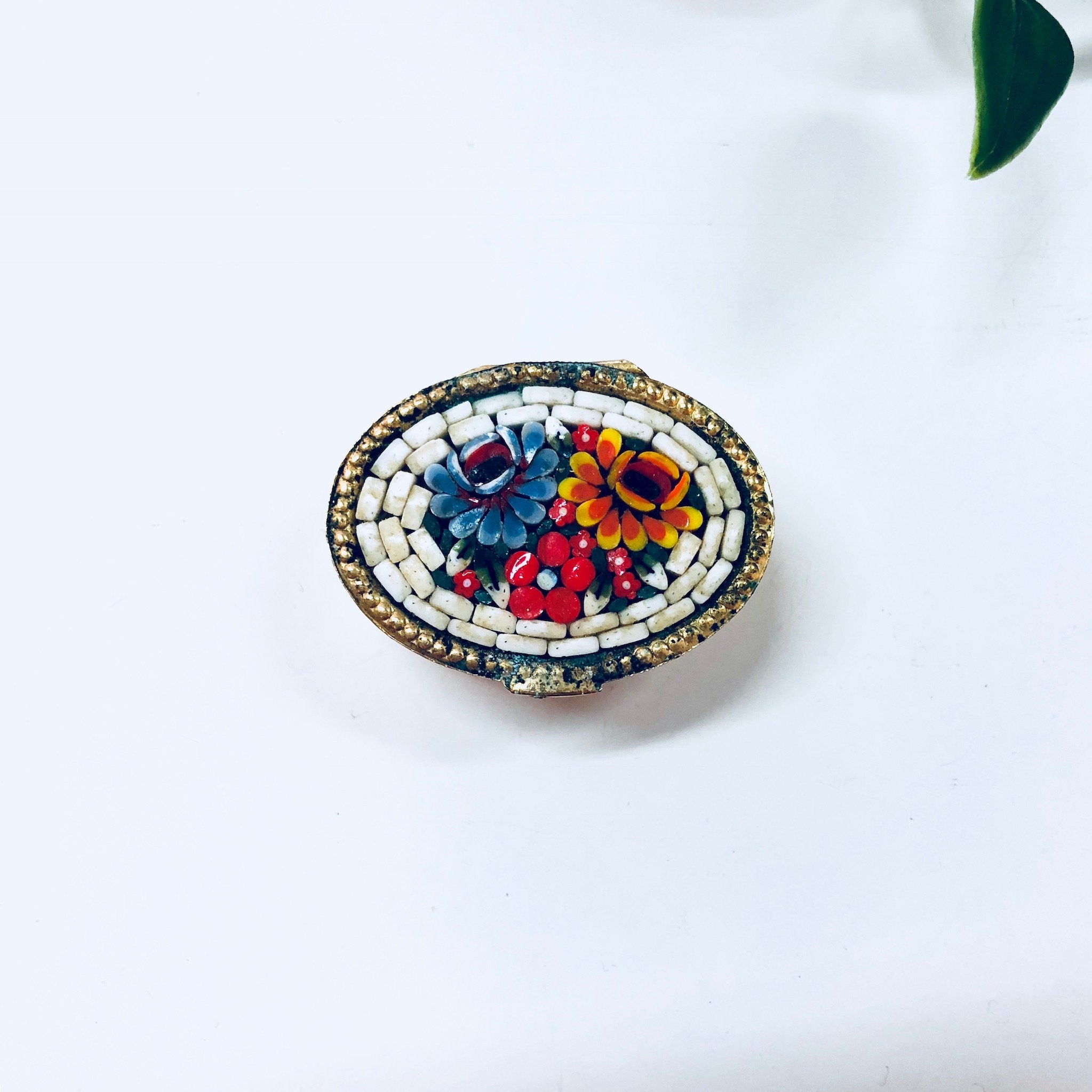 Millefiori Box, Vintage Pill Box, Mosaic Box, Small Case, Trinket Box, Gold Toned Box, Swirl Design, Paisley, Red, Blue, Orange, White