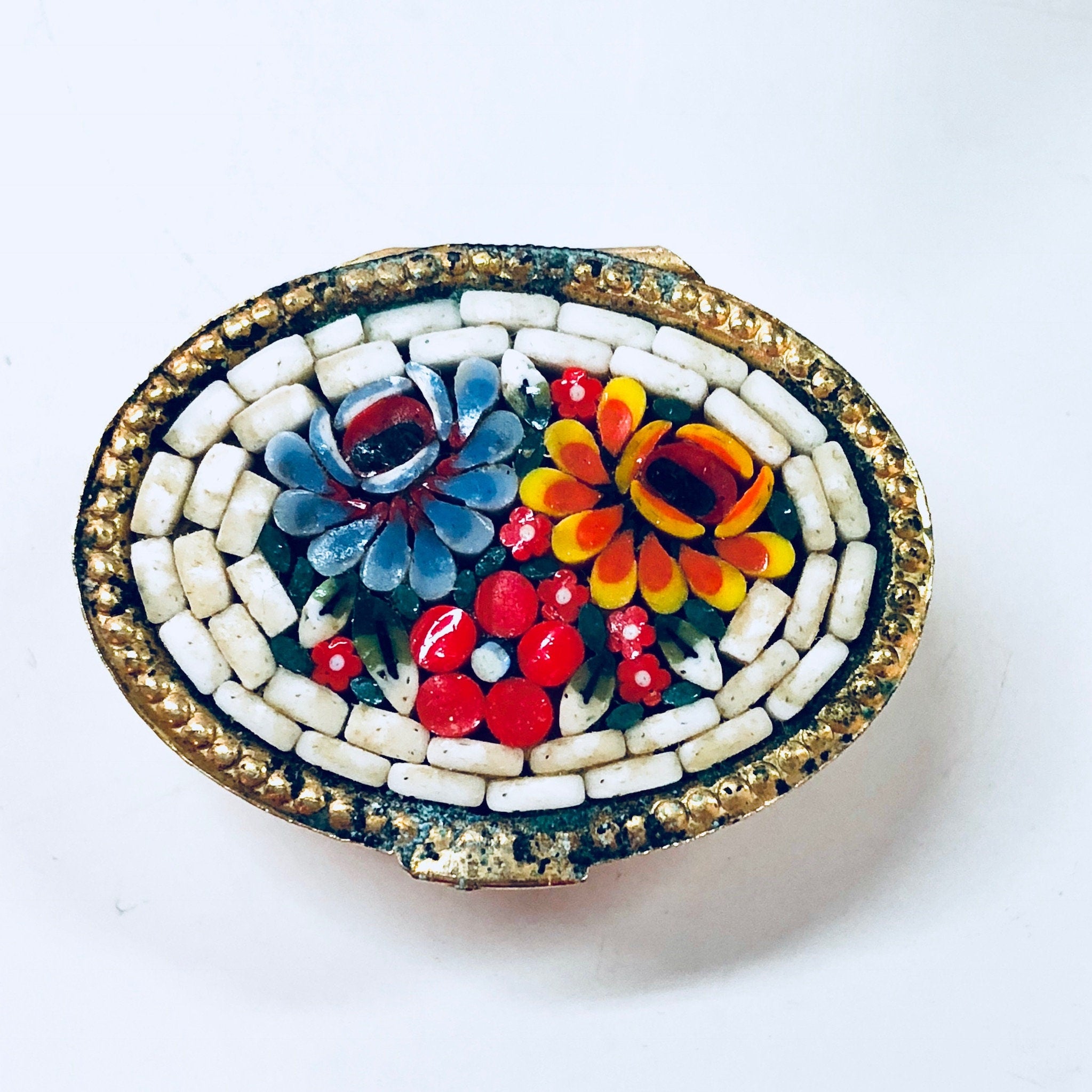 Millefiori Box, Vintage Pill Box, Mosaic Box, Small Case, Trinket Box, Gold Toned Box, Swirl Design, Paisley, Red, Blue, Orange, White