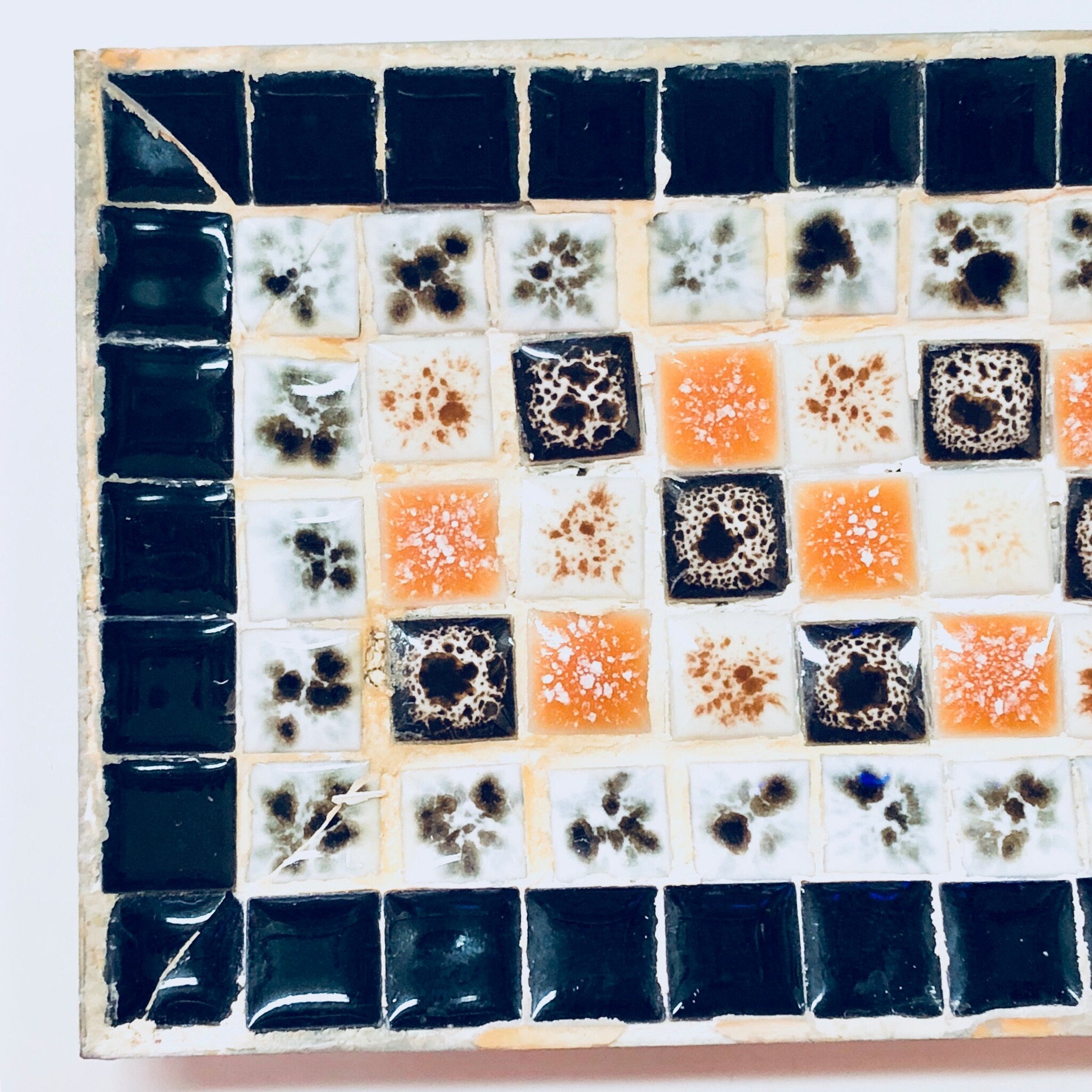 Catch All Dish, Jewelry Dish, Ring Dish, Trinket, Mosaic, TIle, Black, Metal, White, Orange, Brown, Vintage Home Decor, Bedside Table, Rings